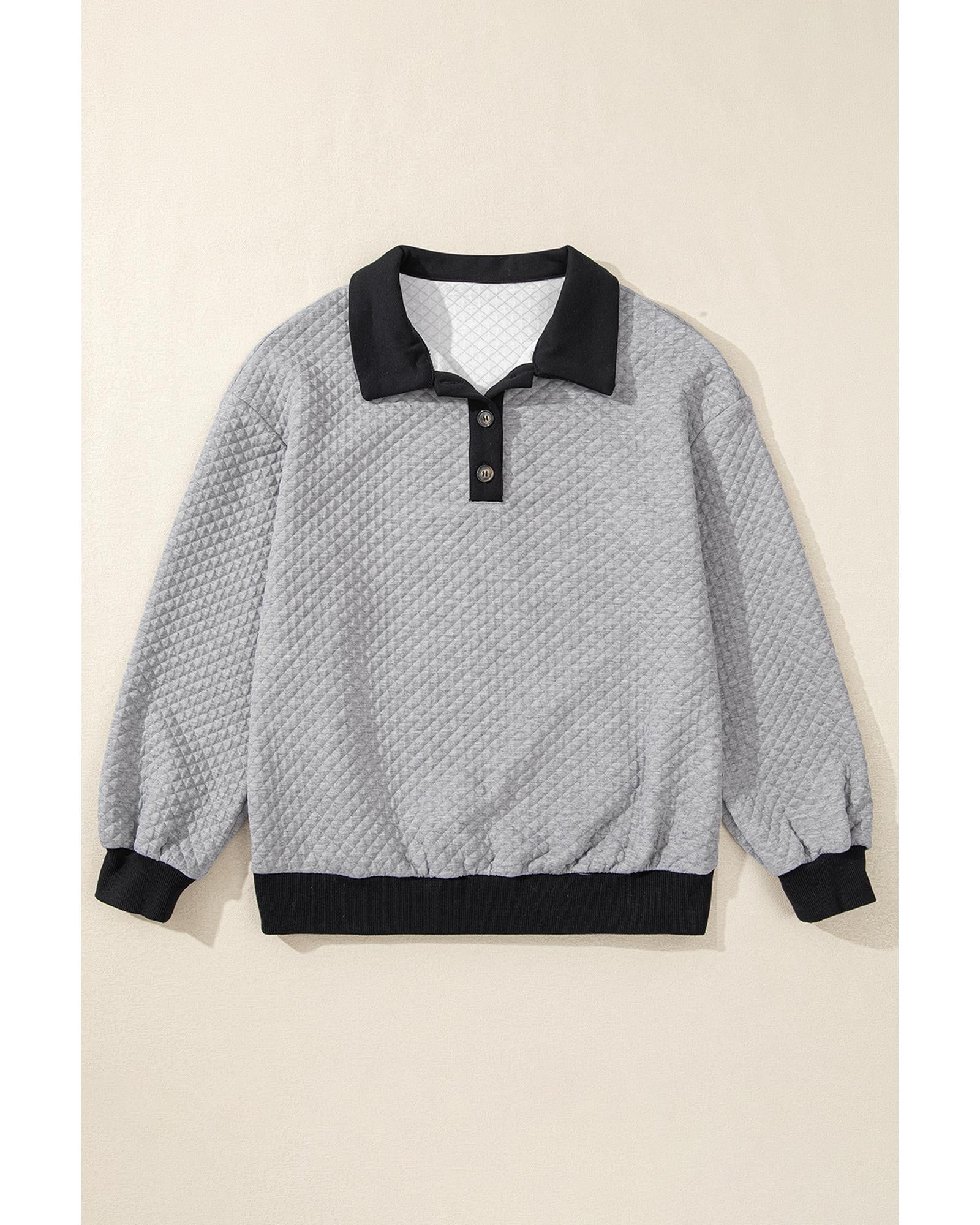 Light Grey Textured Colorblock Edge Buttoned Collar Sweatshirt - XL 3