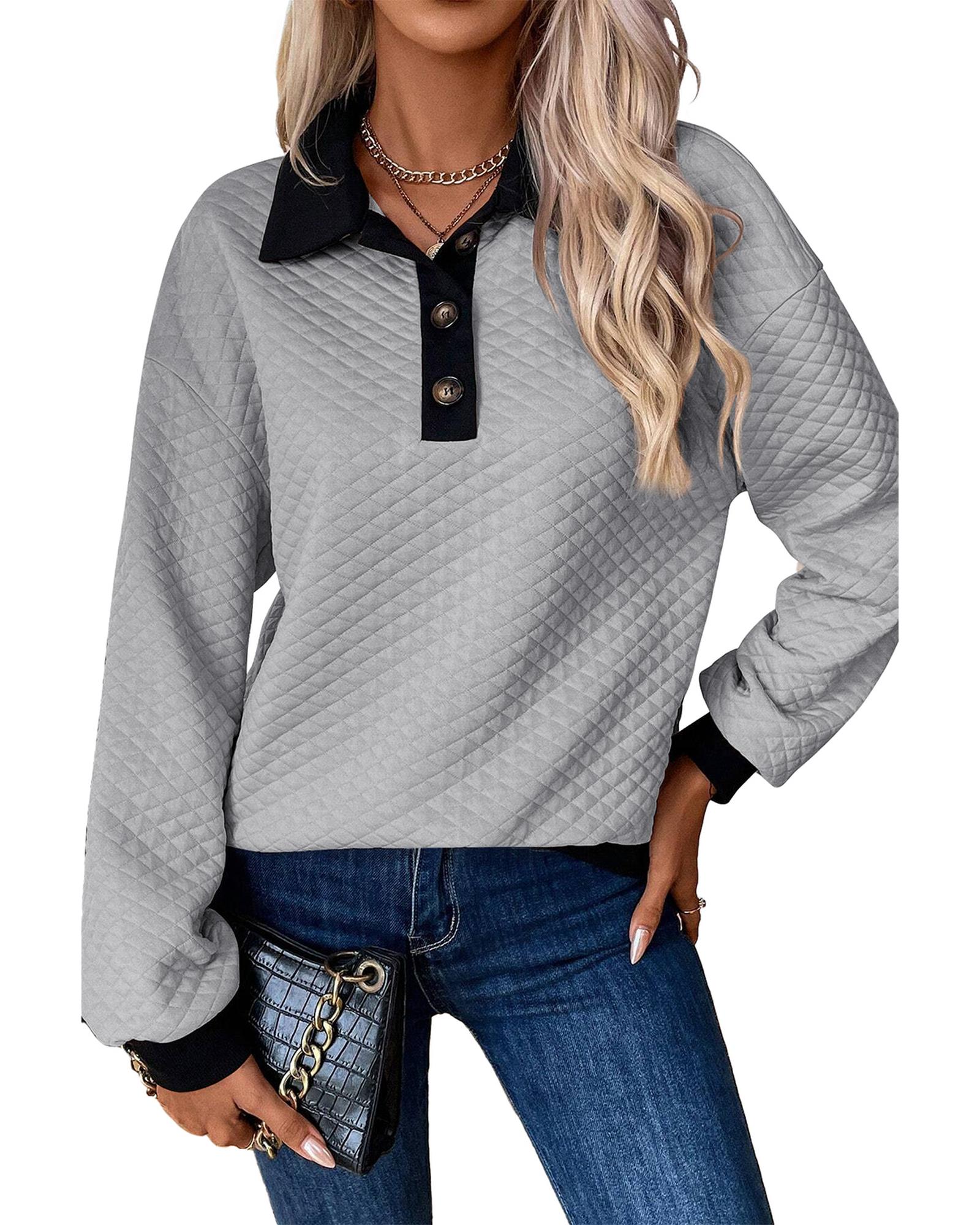 Light Grey Textured Colorblock Edge Buttoned Collar Sweatshirt - XL 4