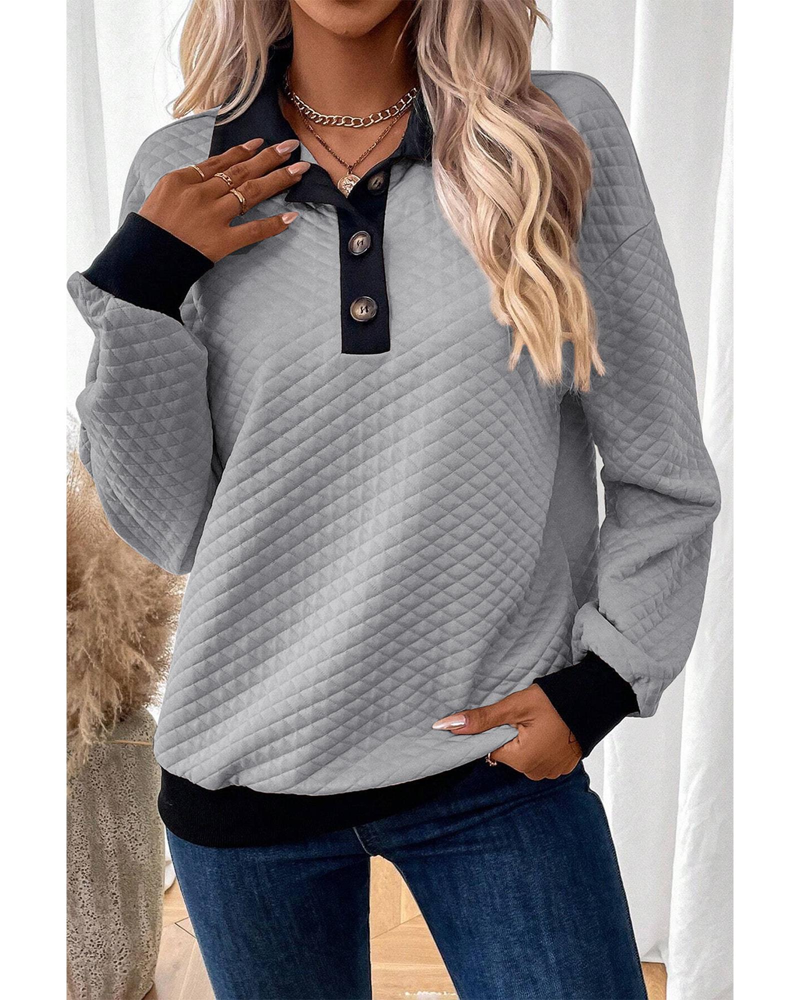 Light Grey Textured Colorblock Edge Buttoned Collar Sweatshirt - XL 5