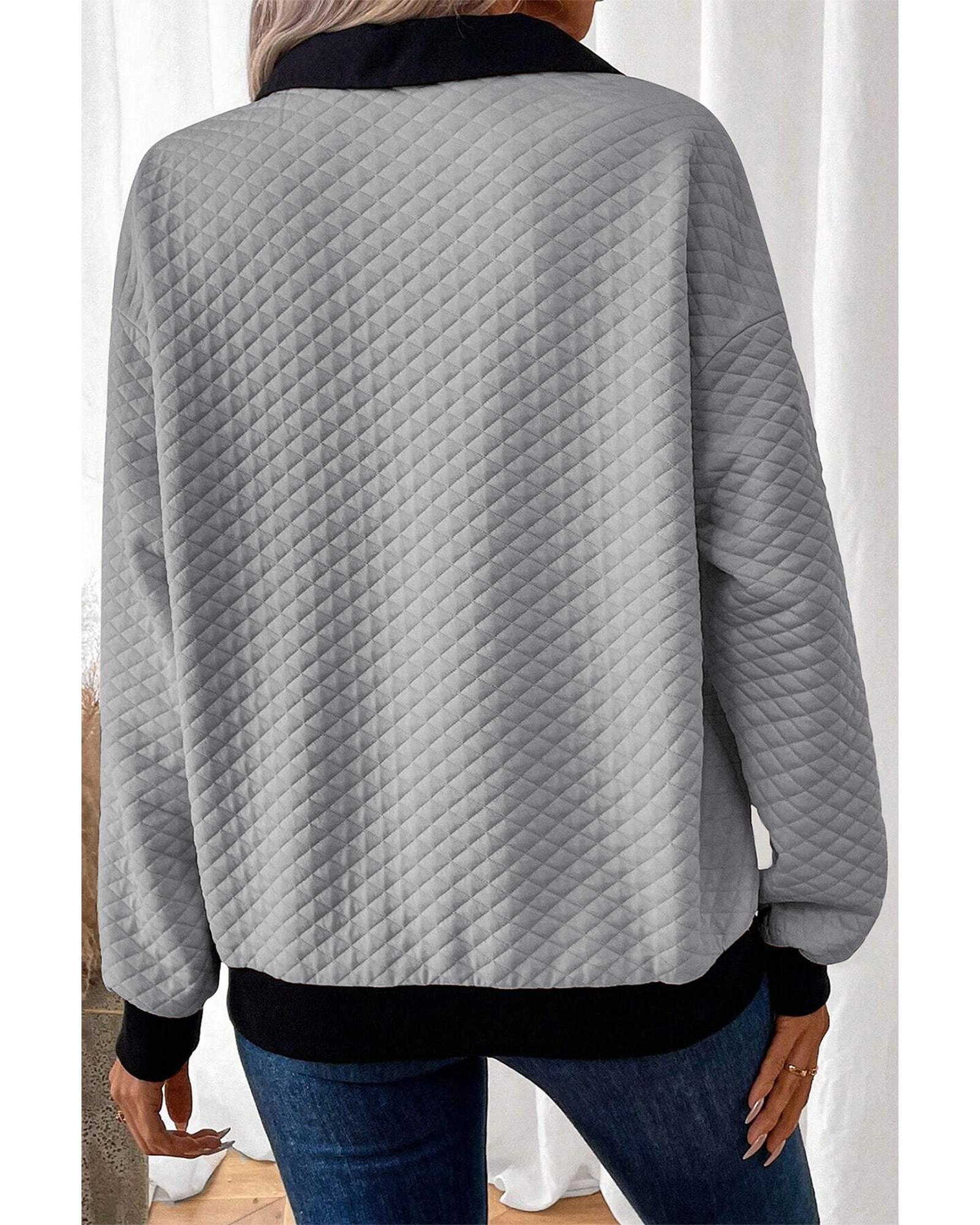 Light Grey Textured Colorblock Edge Buttoned Collar Sweatshirt - XL 6