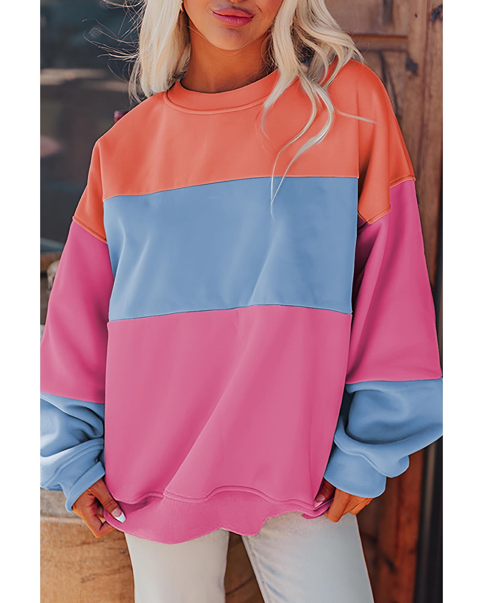 Bright Pink Colorblock Patchwork Drop Shoulder Sweatshirt - 2XL 5
