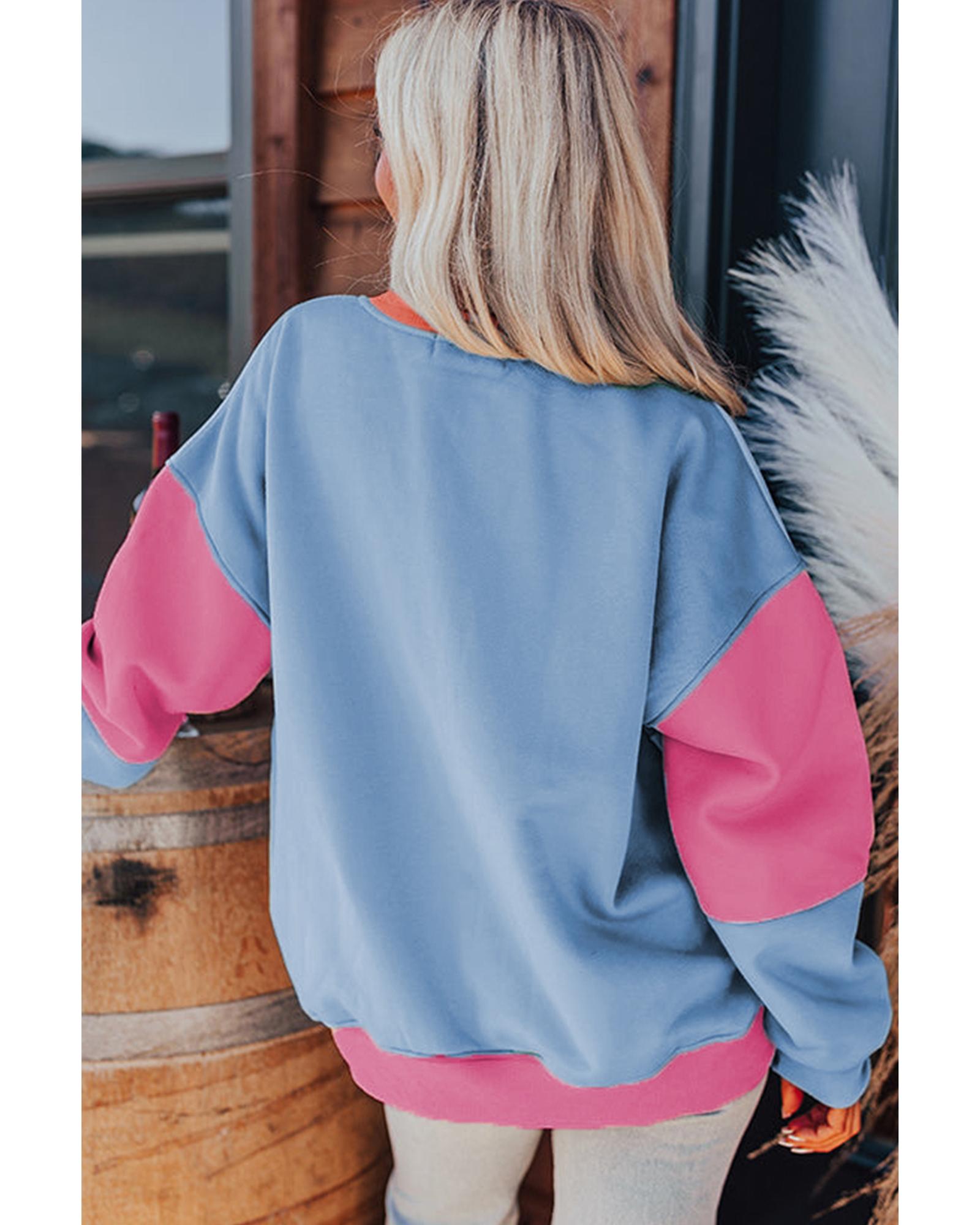 Bright Pink Colorblock Patchwork Drop Shoulder Sweatshirt - L 3