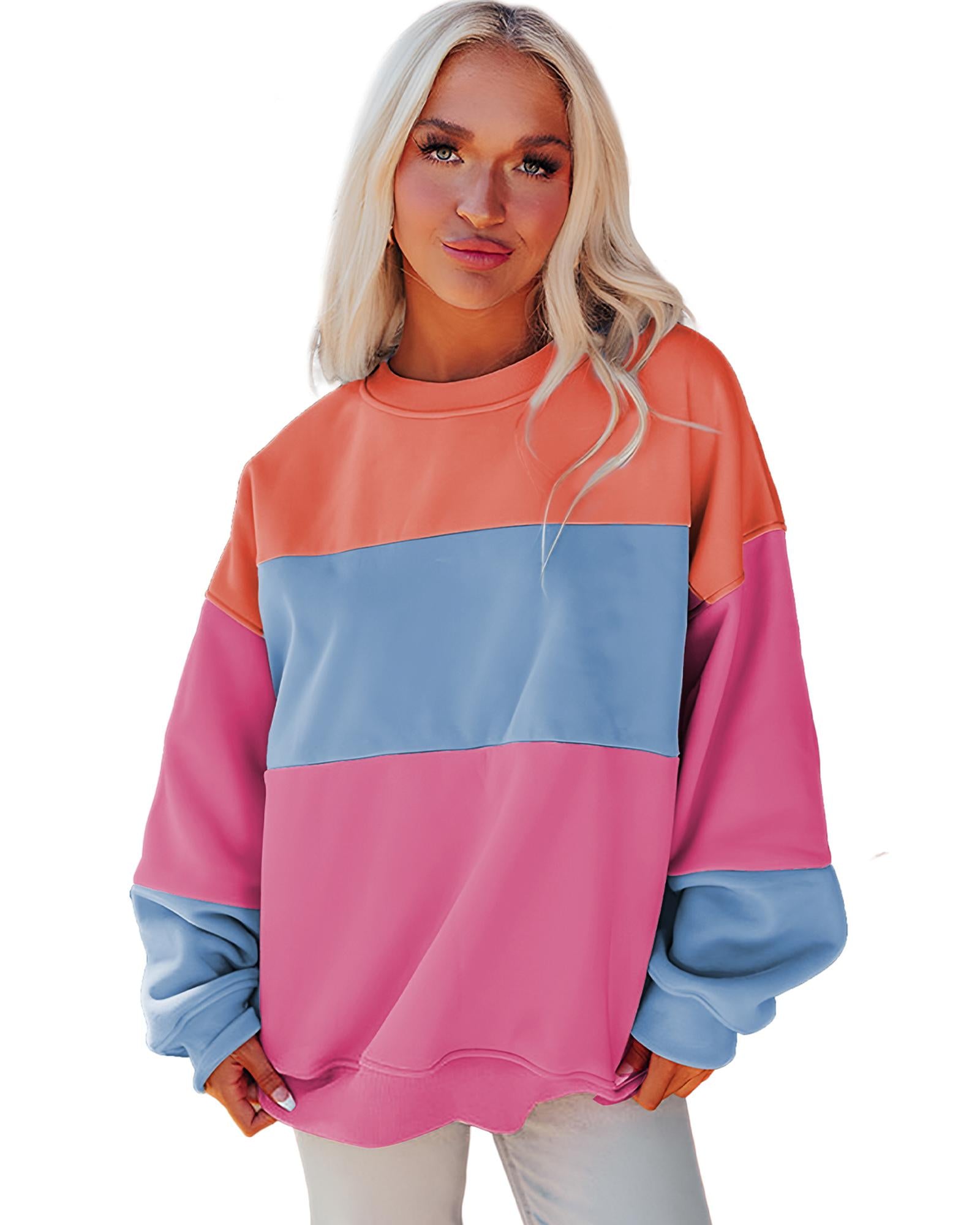 Bright Pink Colorblock Patchwork Drop Shoulder Sweatshirt - S 3