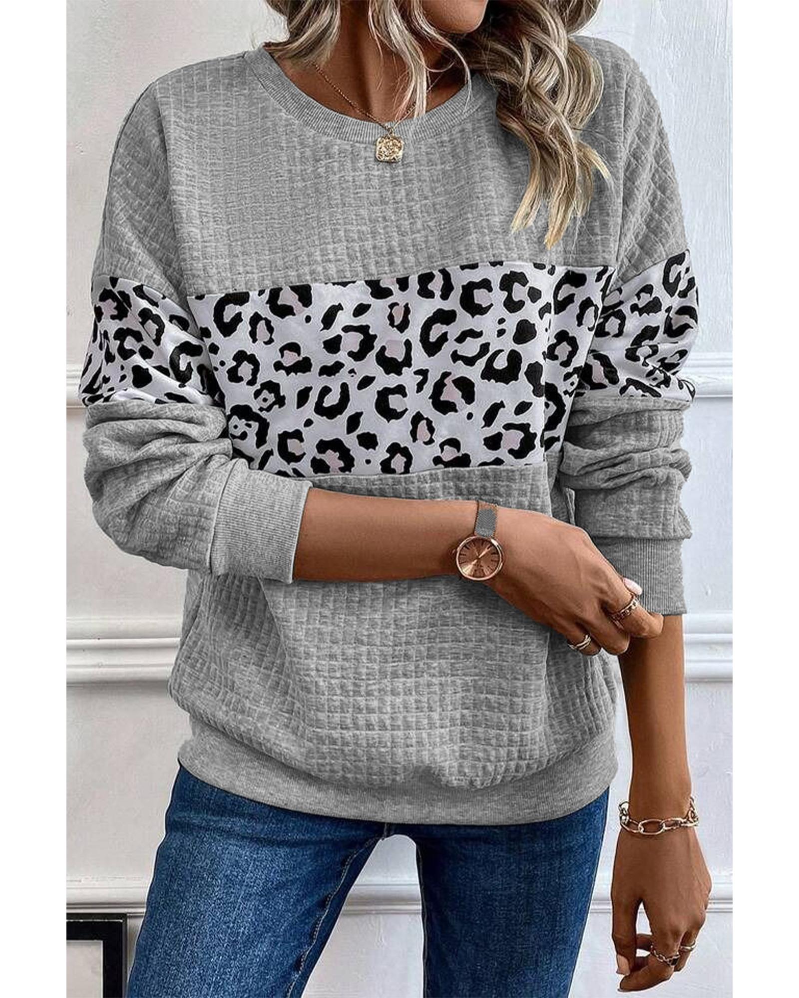 Gray Leopard Quilted Patchwork Crew Neck Sweatshirt - S