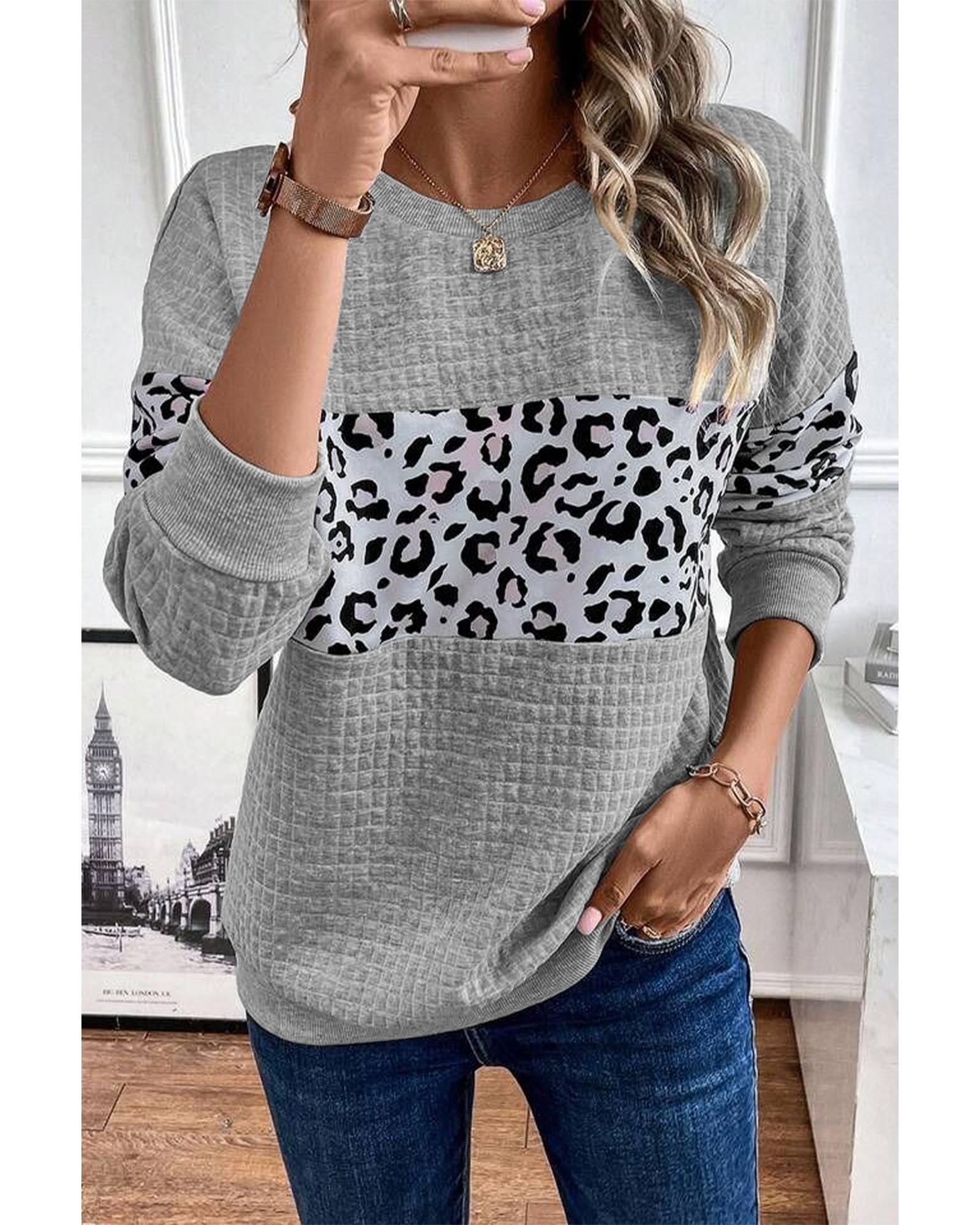 Gray Leopard Quilted Patchwork Crew Neck Sweatshirt - S