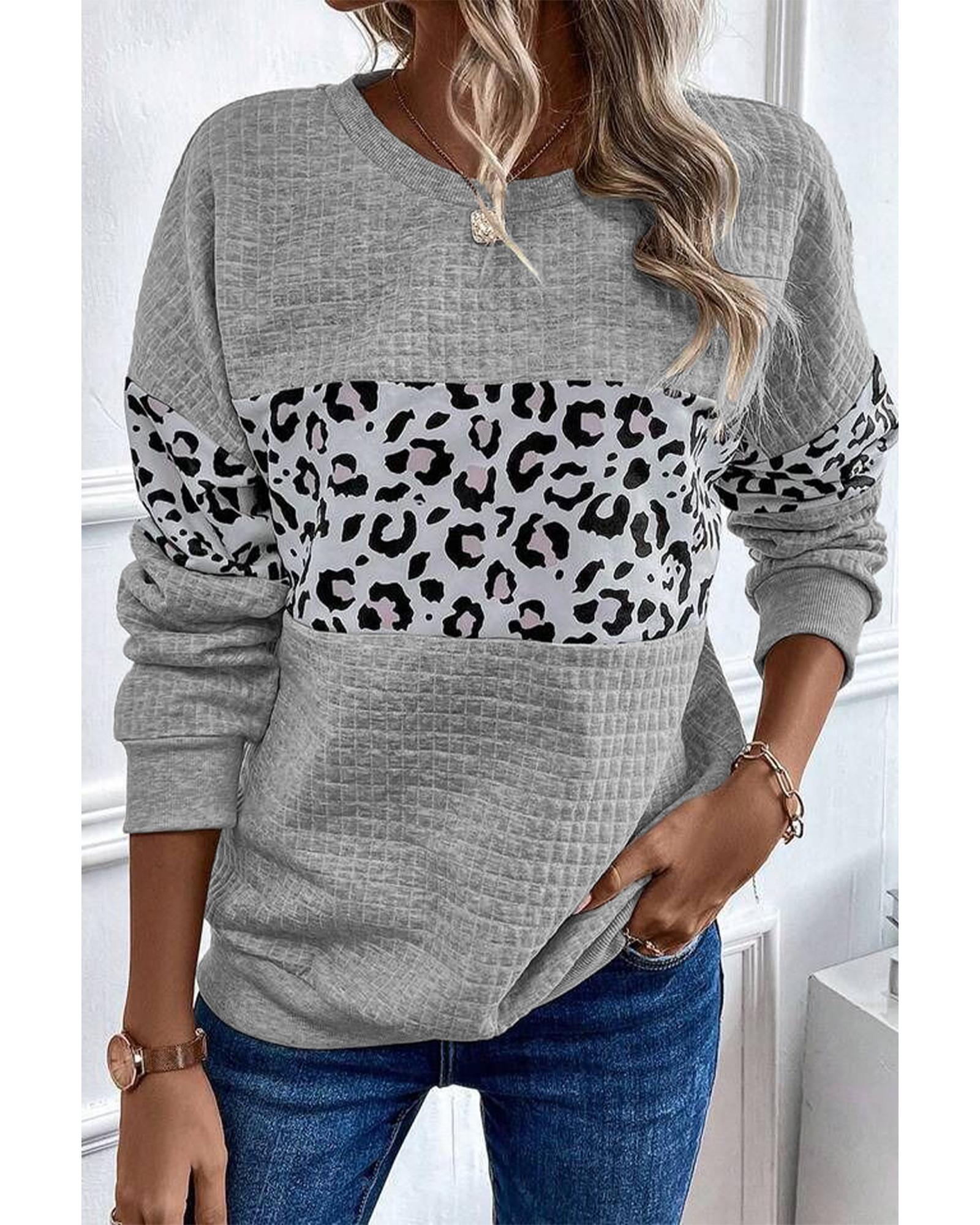 Gray Leopard Quilted Patchwork Crew Neck Sweatshirt - S 3