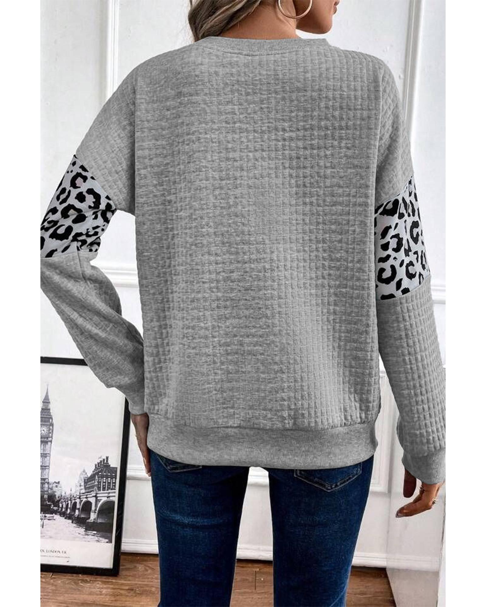 Gray Leopard Quilted Patchwork Crew Neck Sweatshirt - S 4