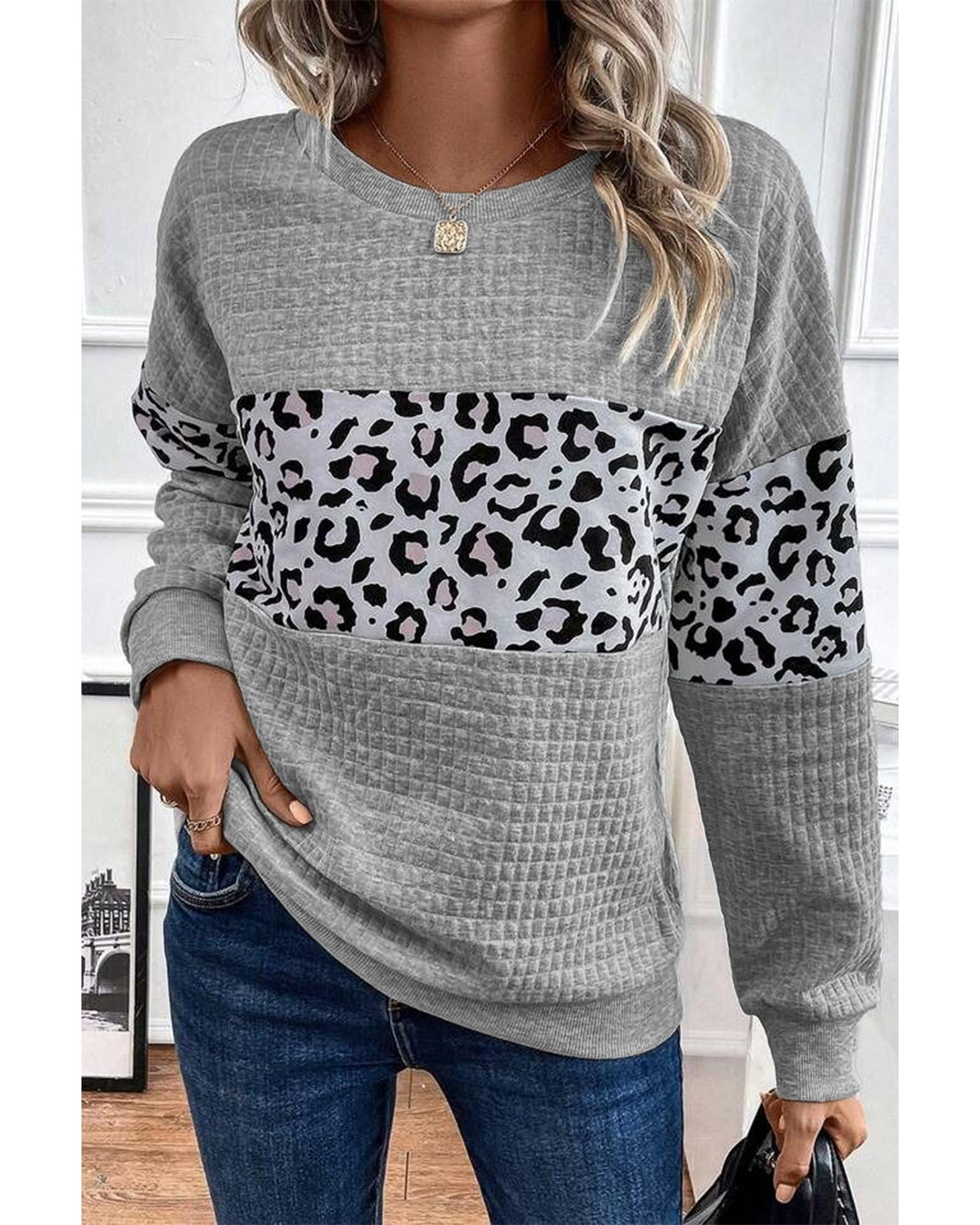Gray Leopard Quilted Patchwork Crew Neck Sweatshirt - S 5