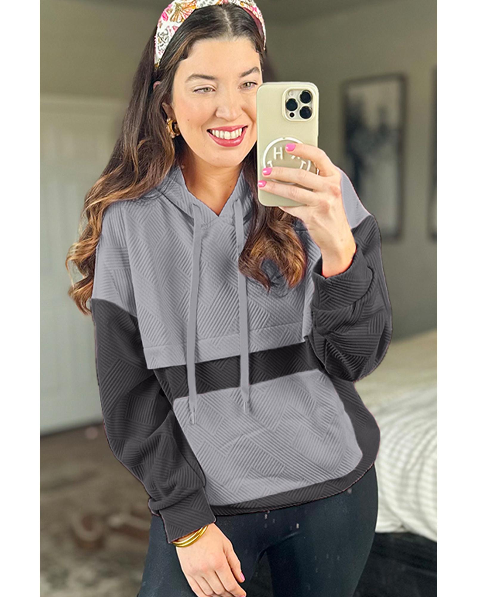 Gray Textured Color Block Kangaroo Pocket Drop Shoulder Hoodie - M 4