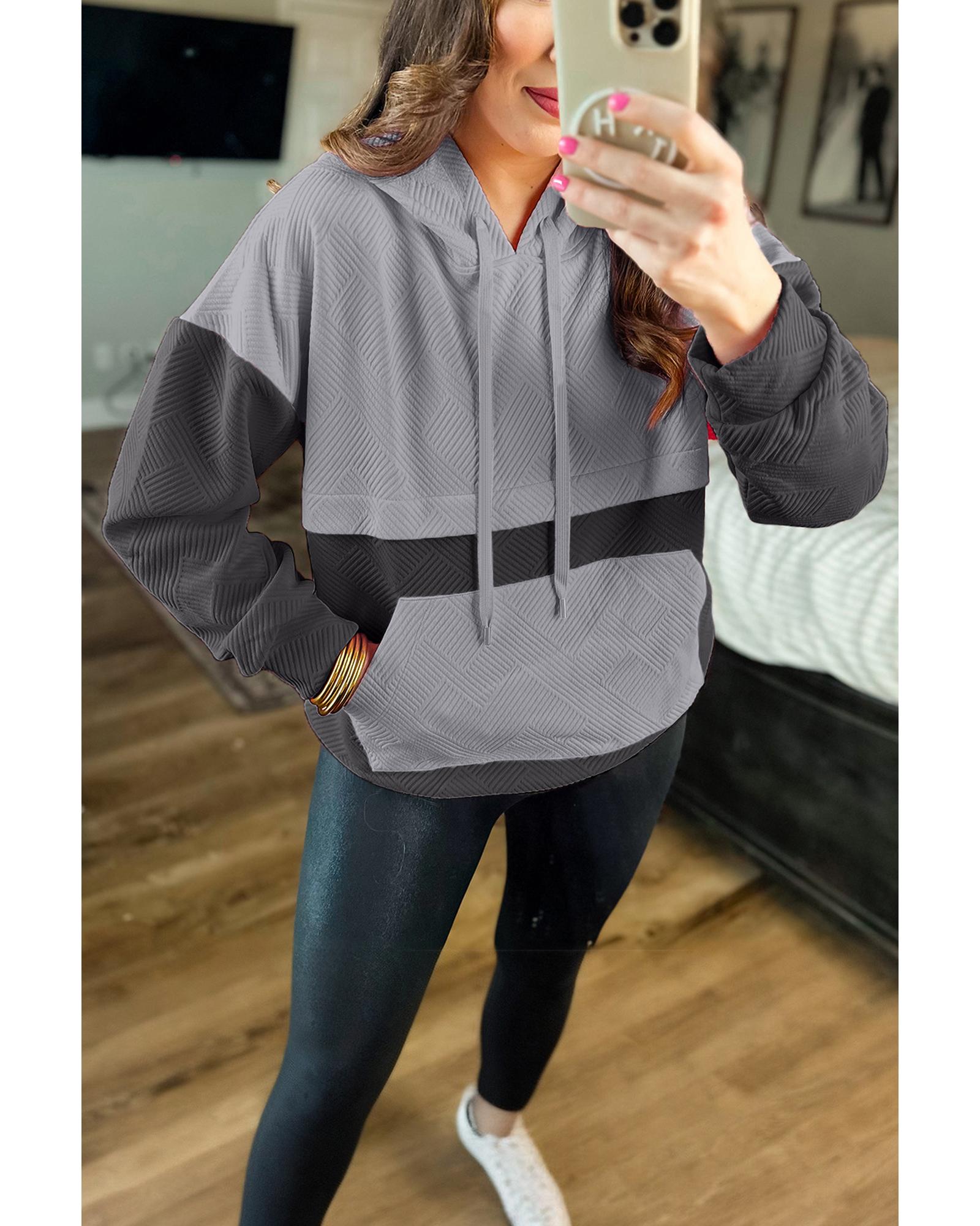 Gray Textured Color Block Kangaroo Pocket Drop Shoulder Hoodie - S 3
