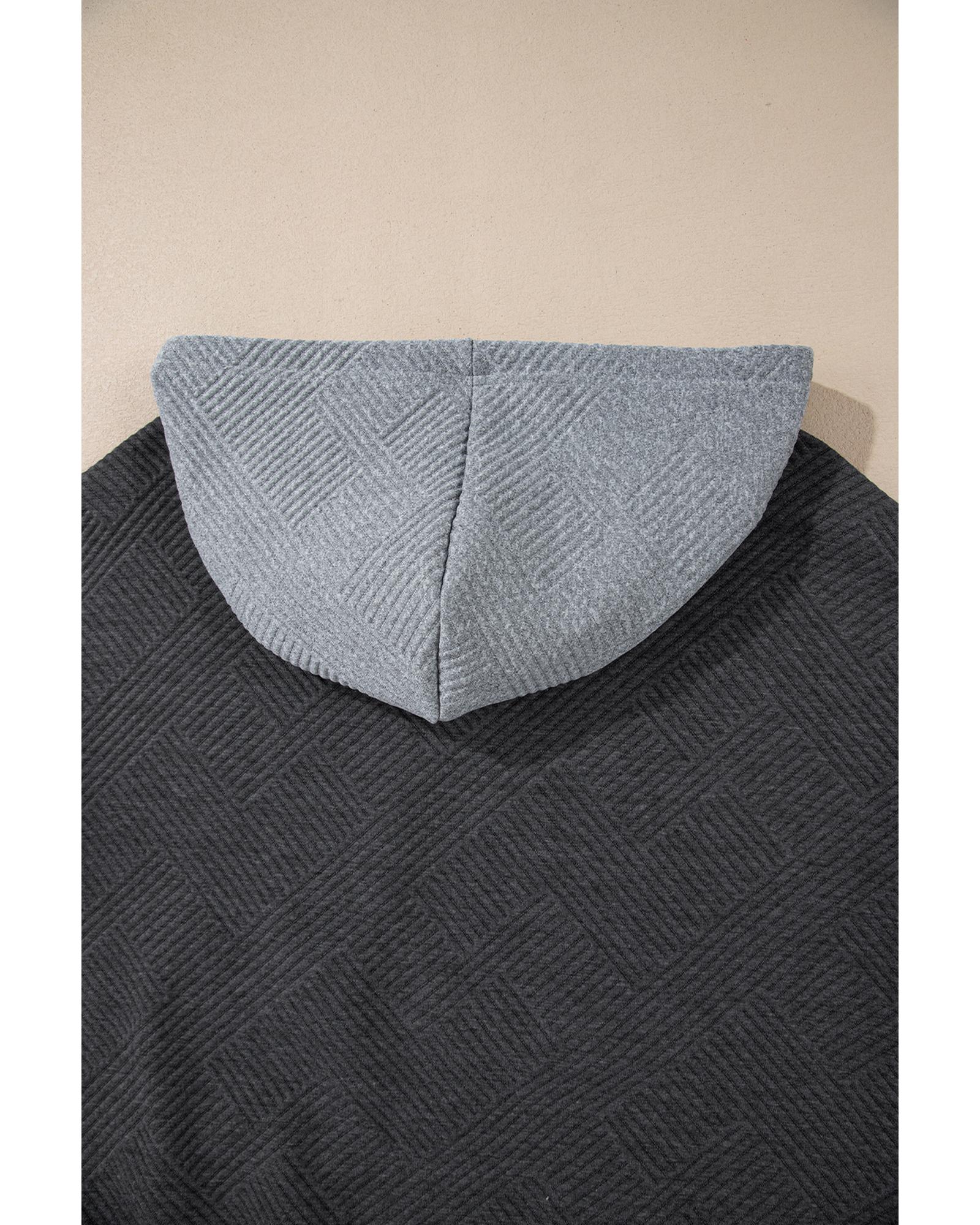 Gray Textured Color Block Kangaroo Pocket Drop Shoulder Hoodie - S 8