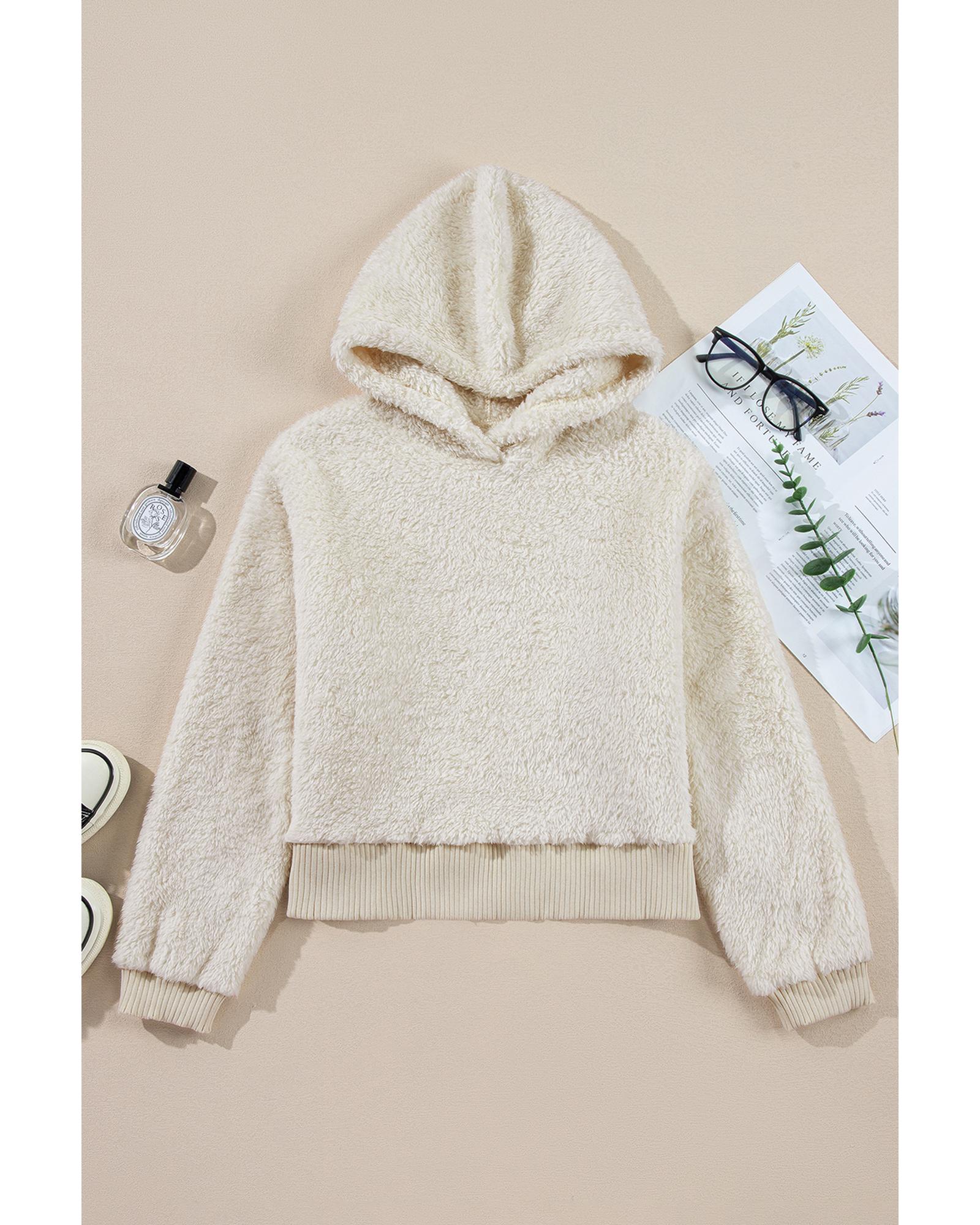 White Contrast Ribbed Edge Plush Hoodie - S 3