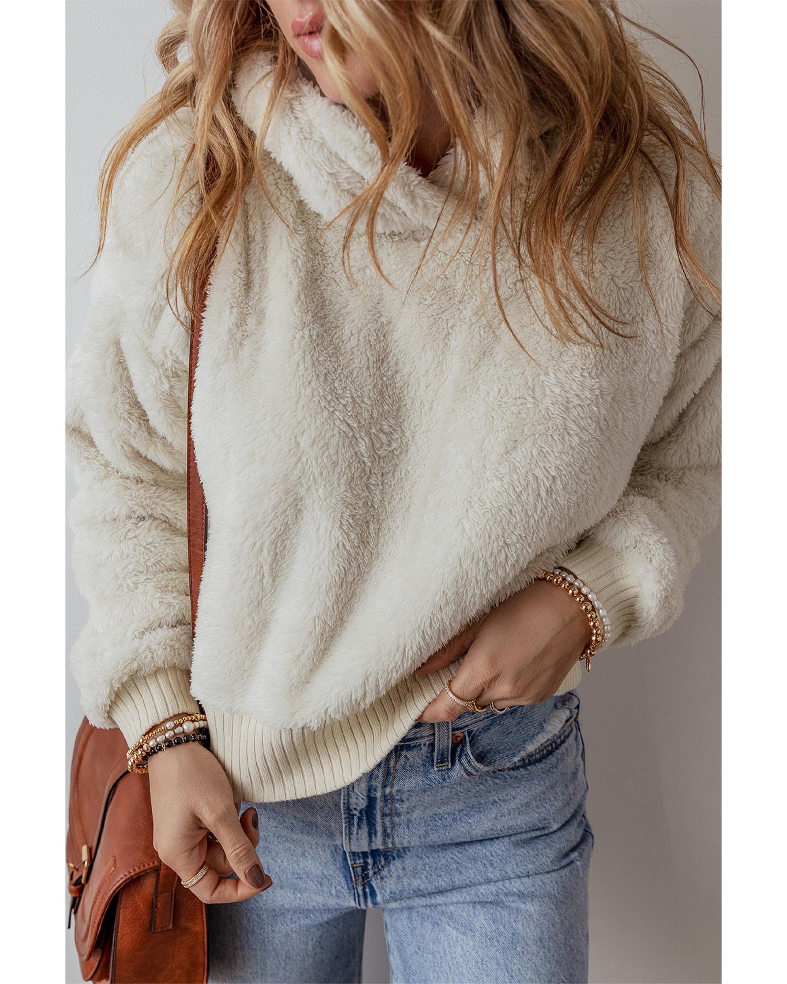 White Contrast Ribbed Edge Plush Hoodie - S 4