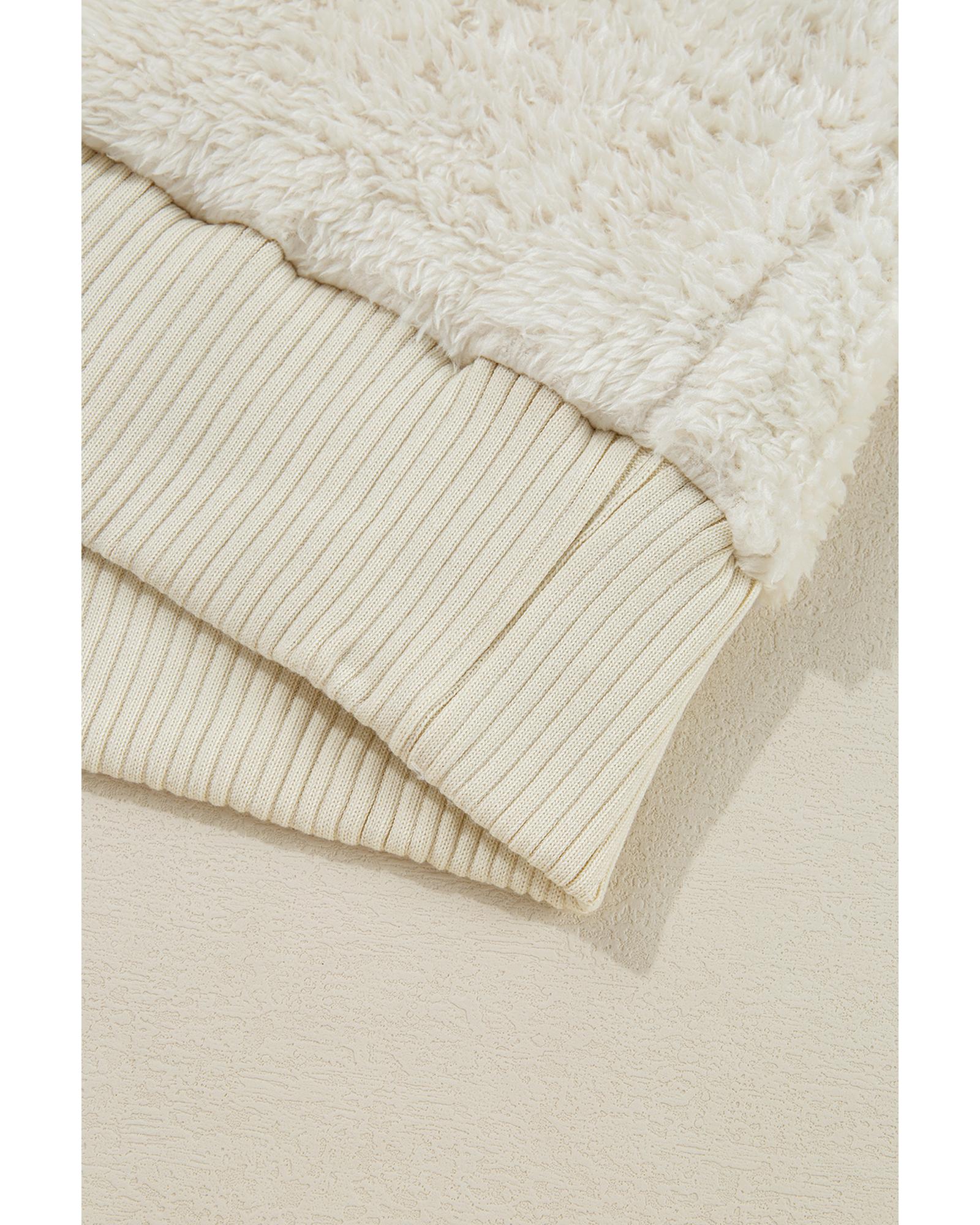 White Contrast Ribbed Edge Plush Hoodie - S 5