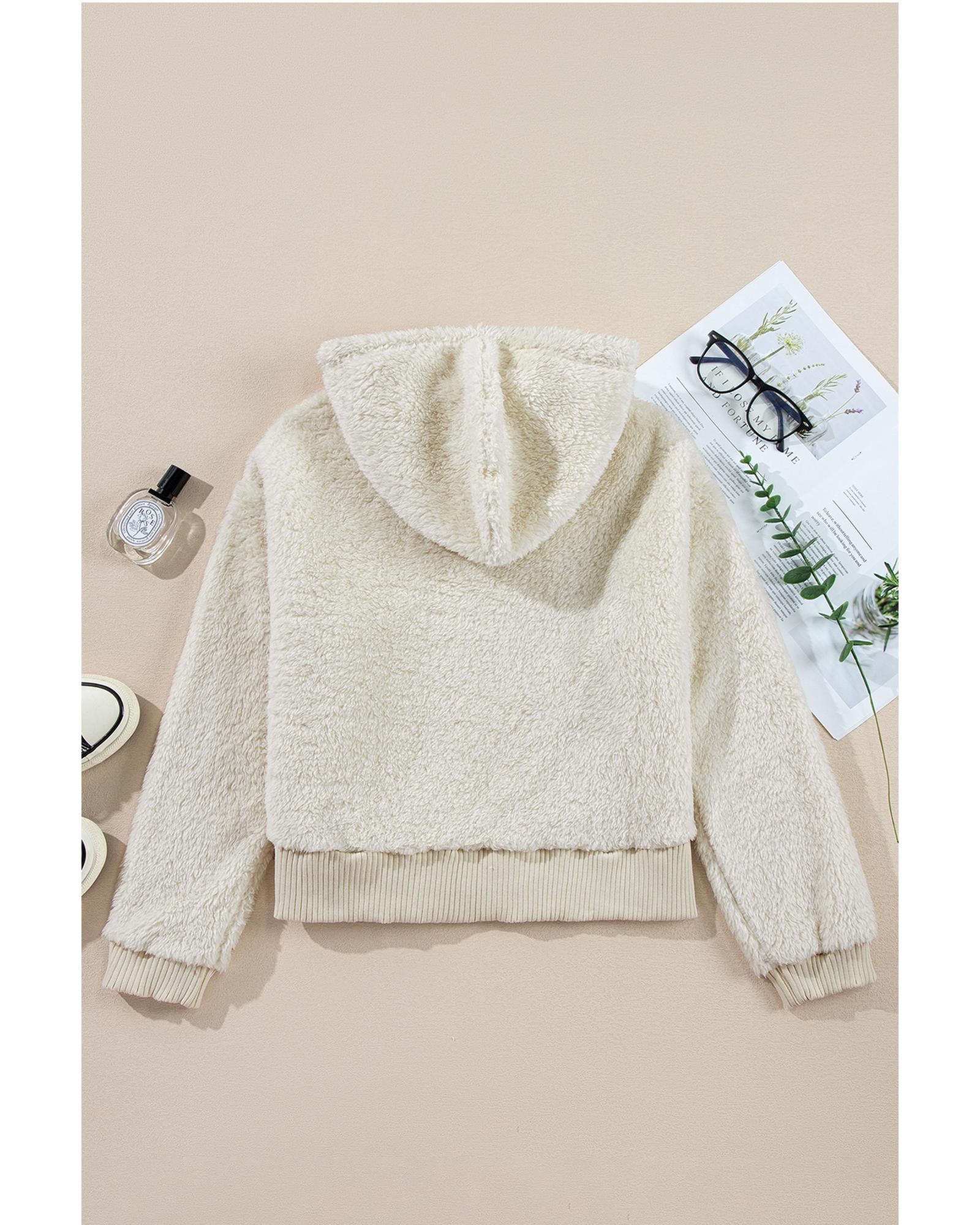 White Contrast Ribbed Edge Plush Hoodie - S 6
