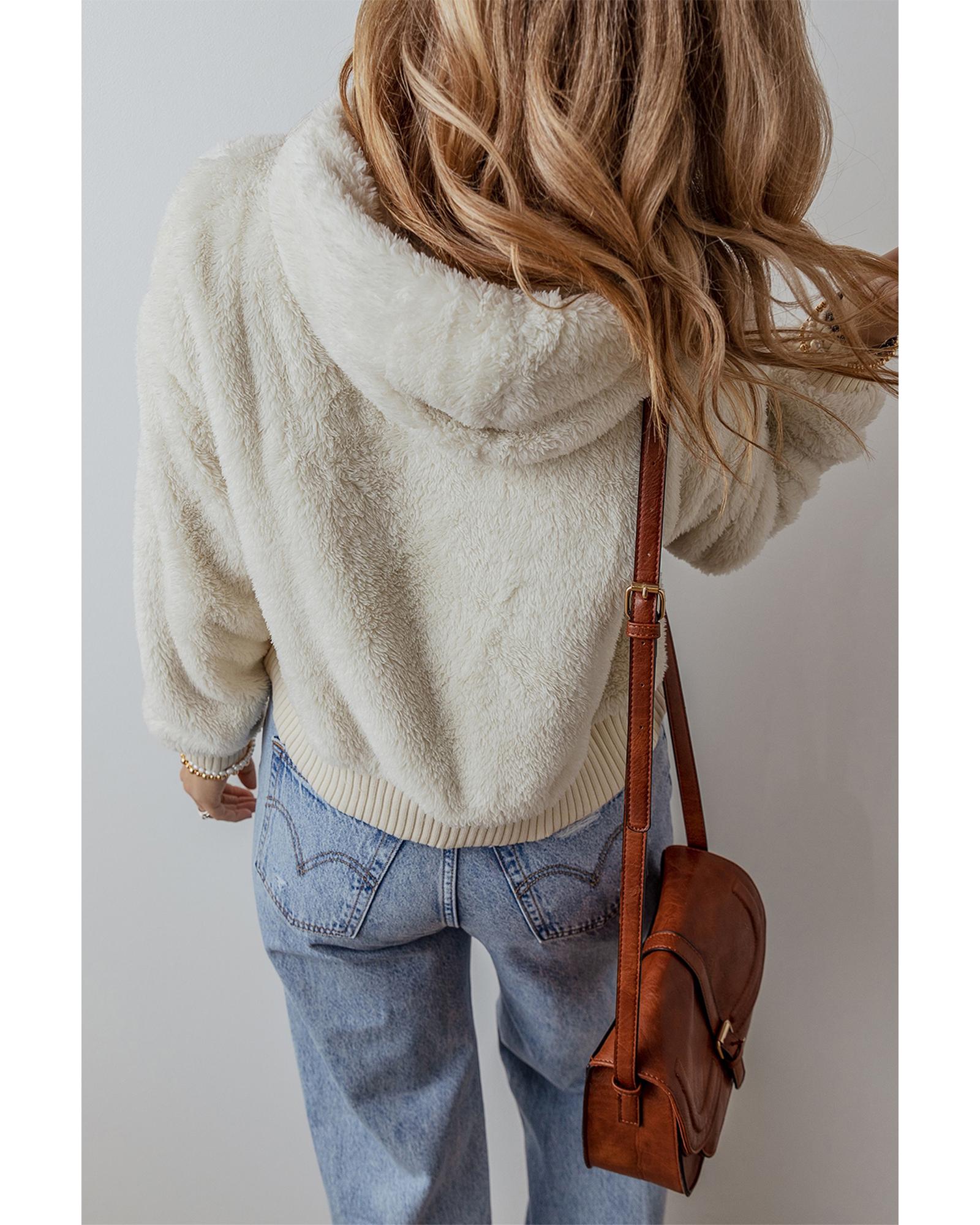 White Contrast Ribbed Edge Plush Hoodie - S 7