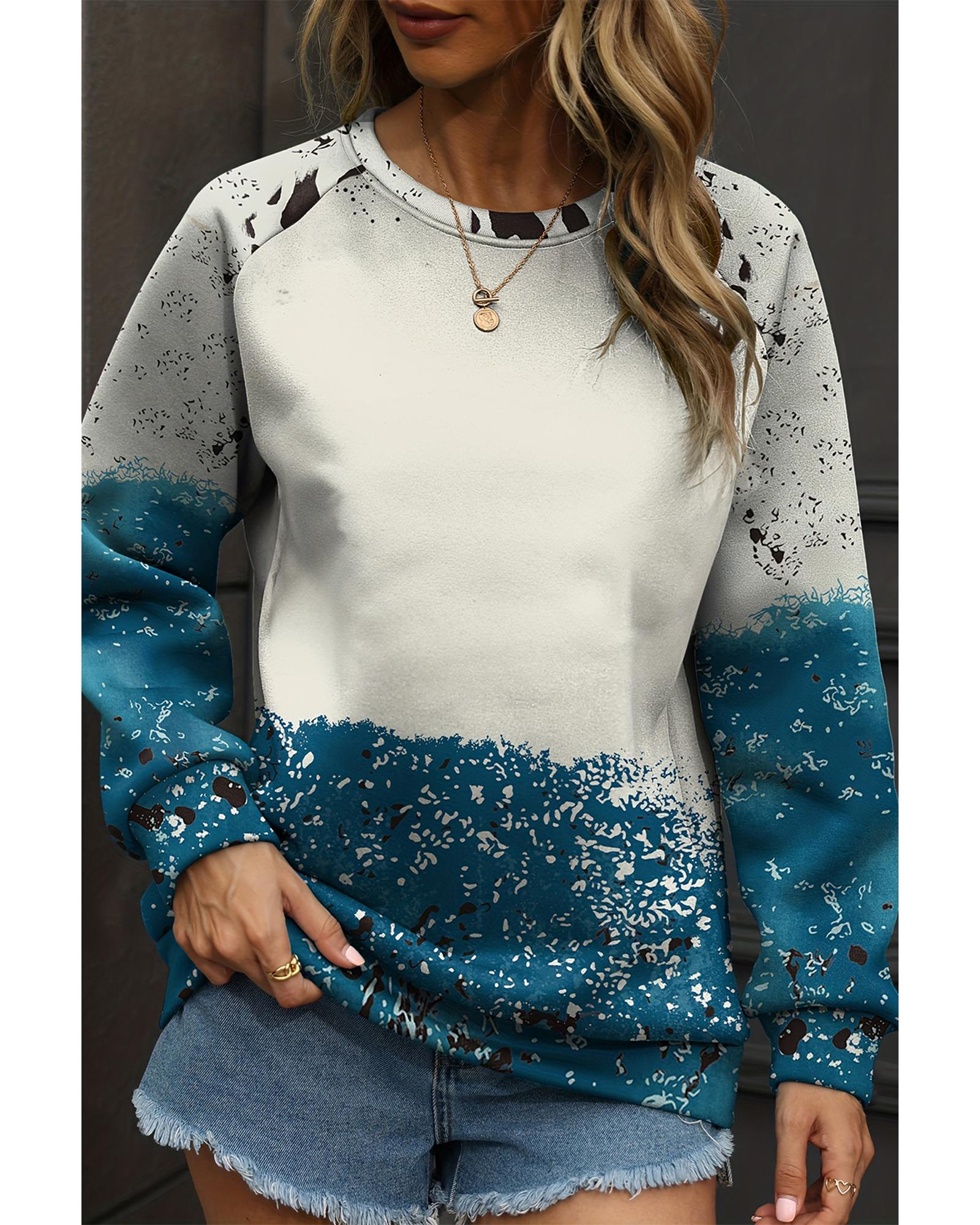 Blue Tie Dye Cow Color Block Pullover Sweatshirt - L 8