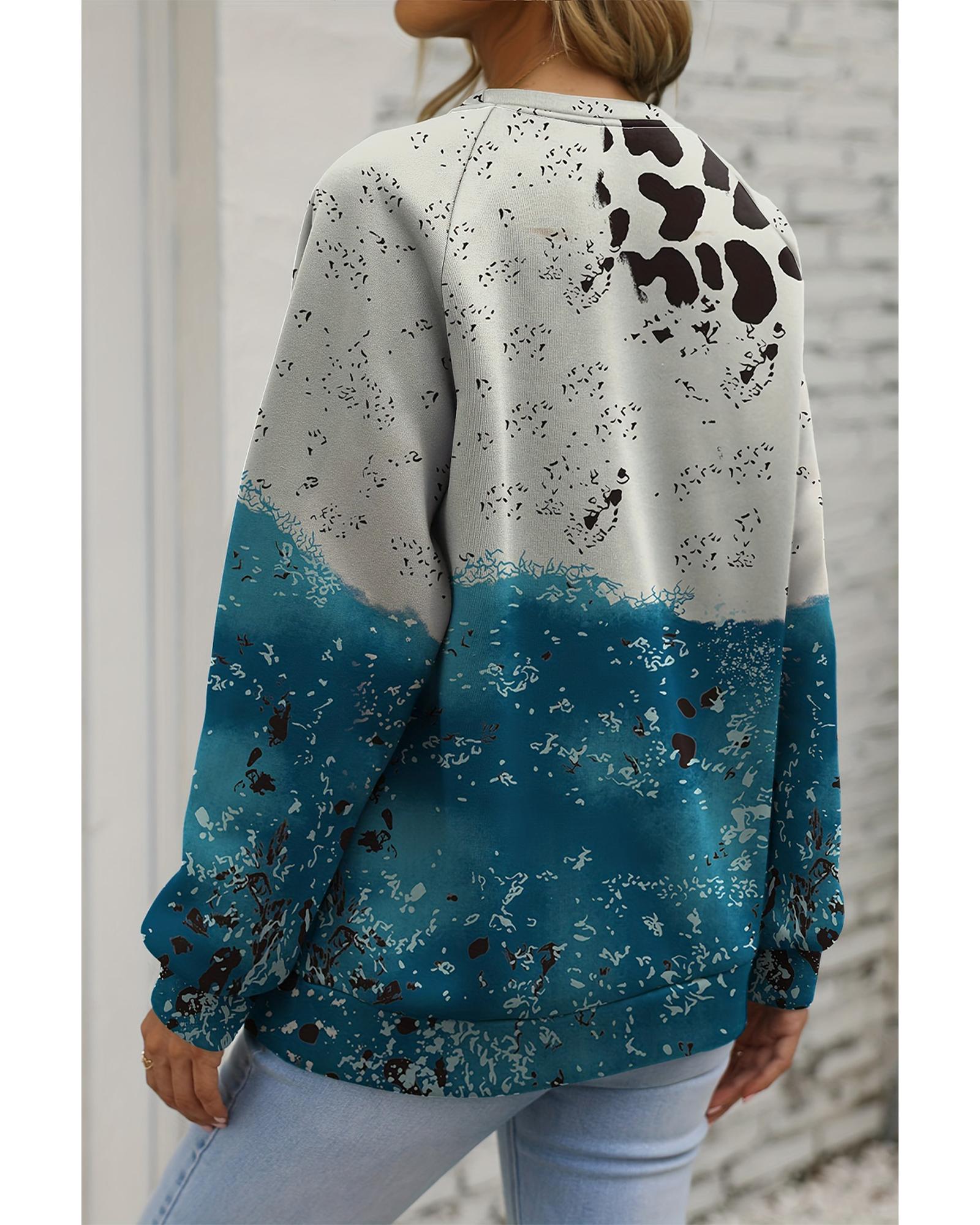 Blue Tie Dye Cow Color Block Pullover Sweatshirt - XL 3