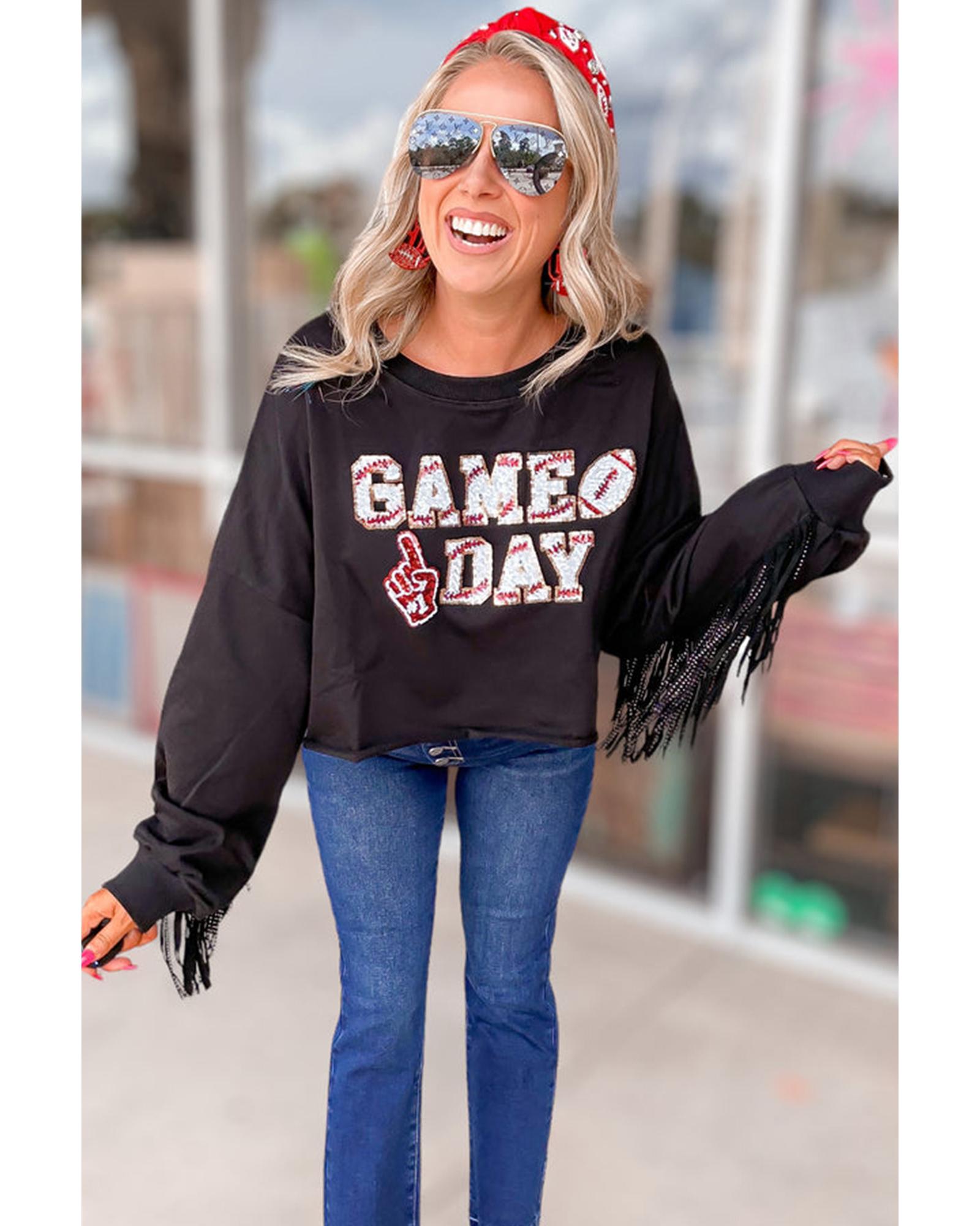Black GAME DAY Rugby Sequined Tasseled Cropped Sweatshirt - 2XL 6
