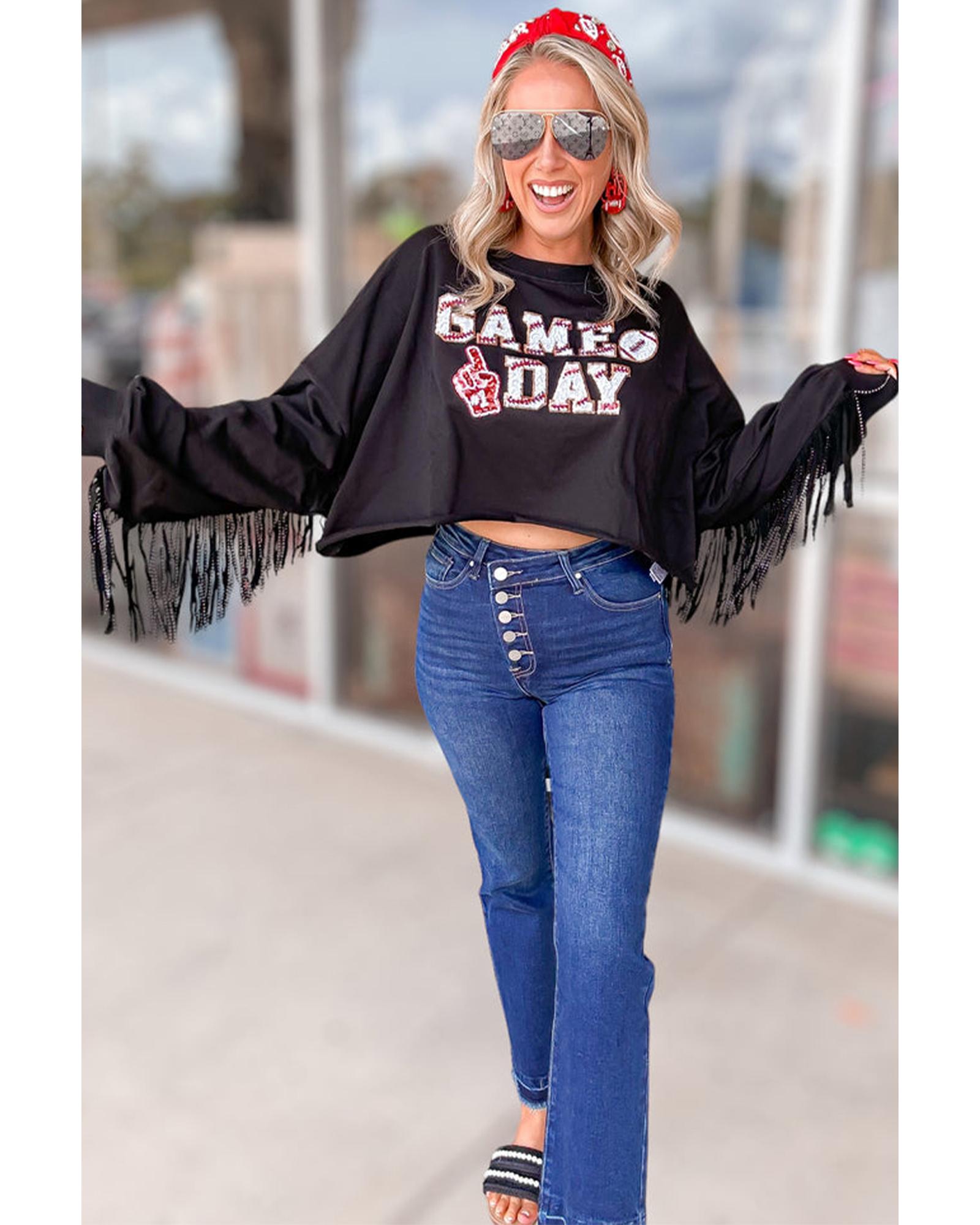 Black GAME DAY Rugby Sequined Tasseled Cropped Sweatshirt - M