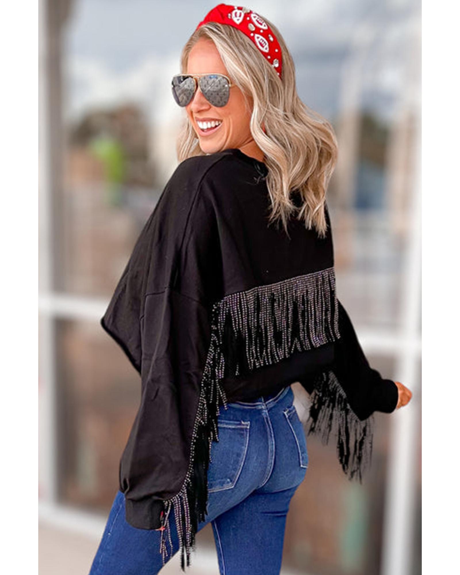 Black GAME DAY Rugby Sequined Tasseled Cropped Sweatshirt - M 3