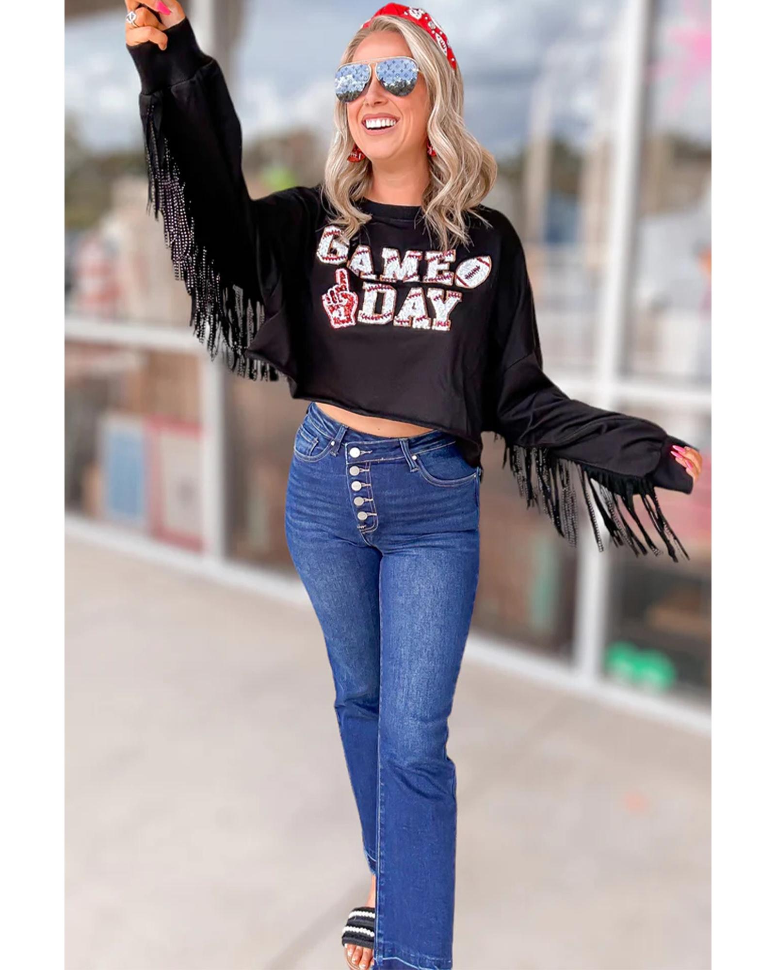 Black GAME DAY Rugby Sequined Tasseled Cropped Sweatshirt - M 4