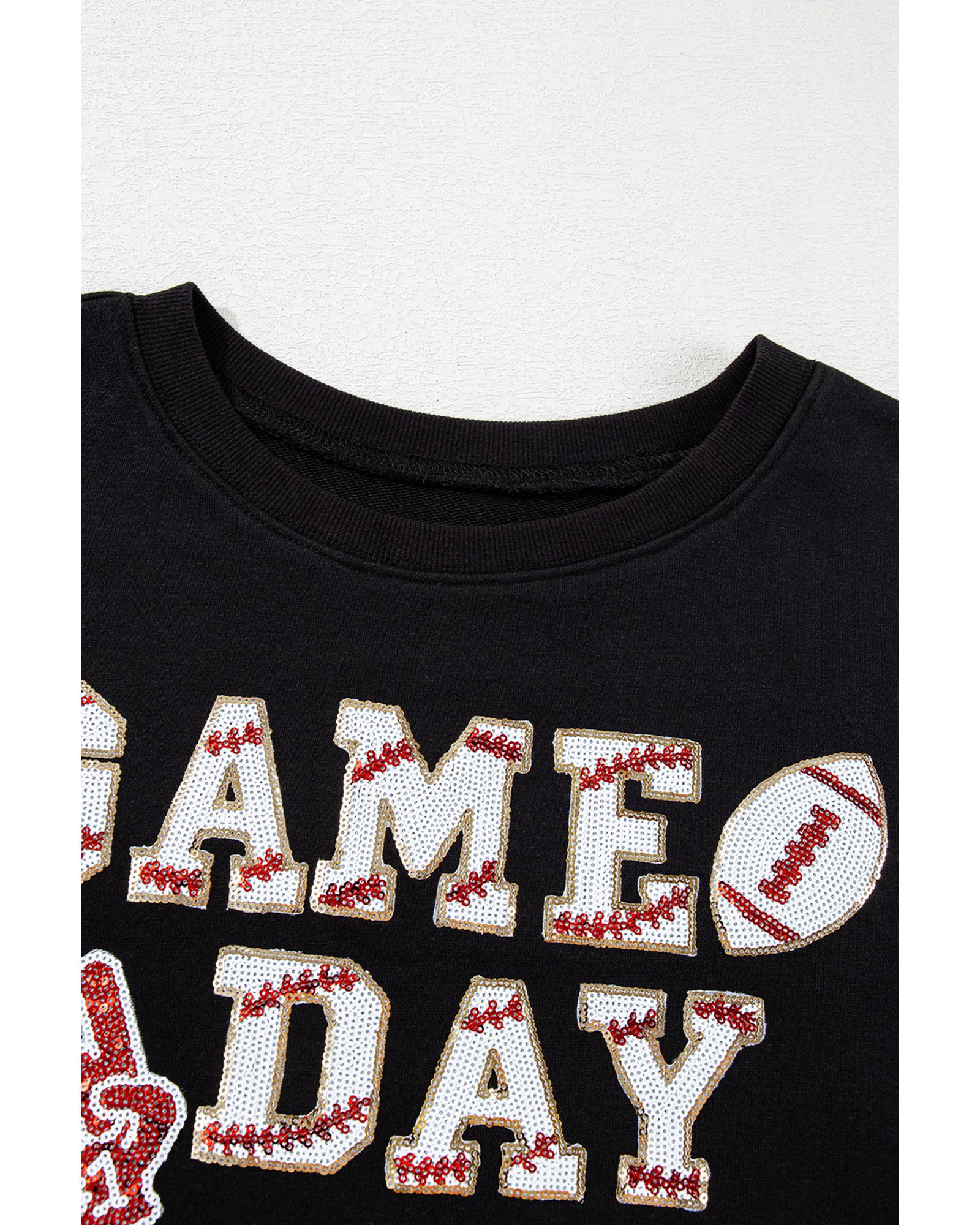 Black GAME DAY Rugby Sequined Tasseled Cropped Sweatshirt - M 6
