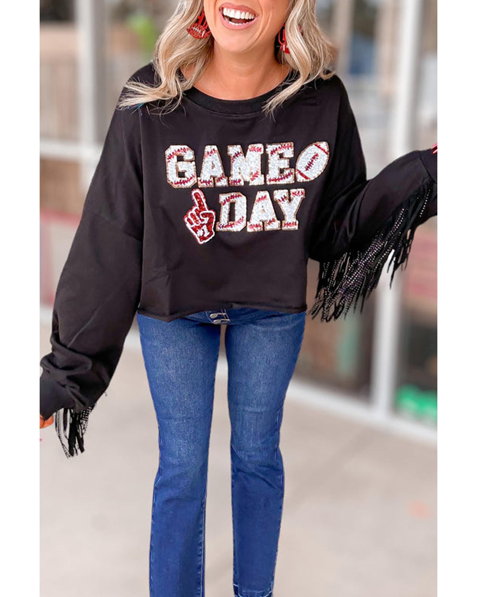 Black GAME DAY Rugby Sequined Tasseled Cropped Sweatshirt - S 3