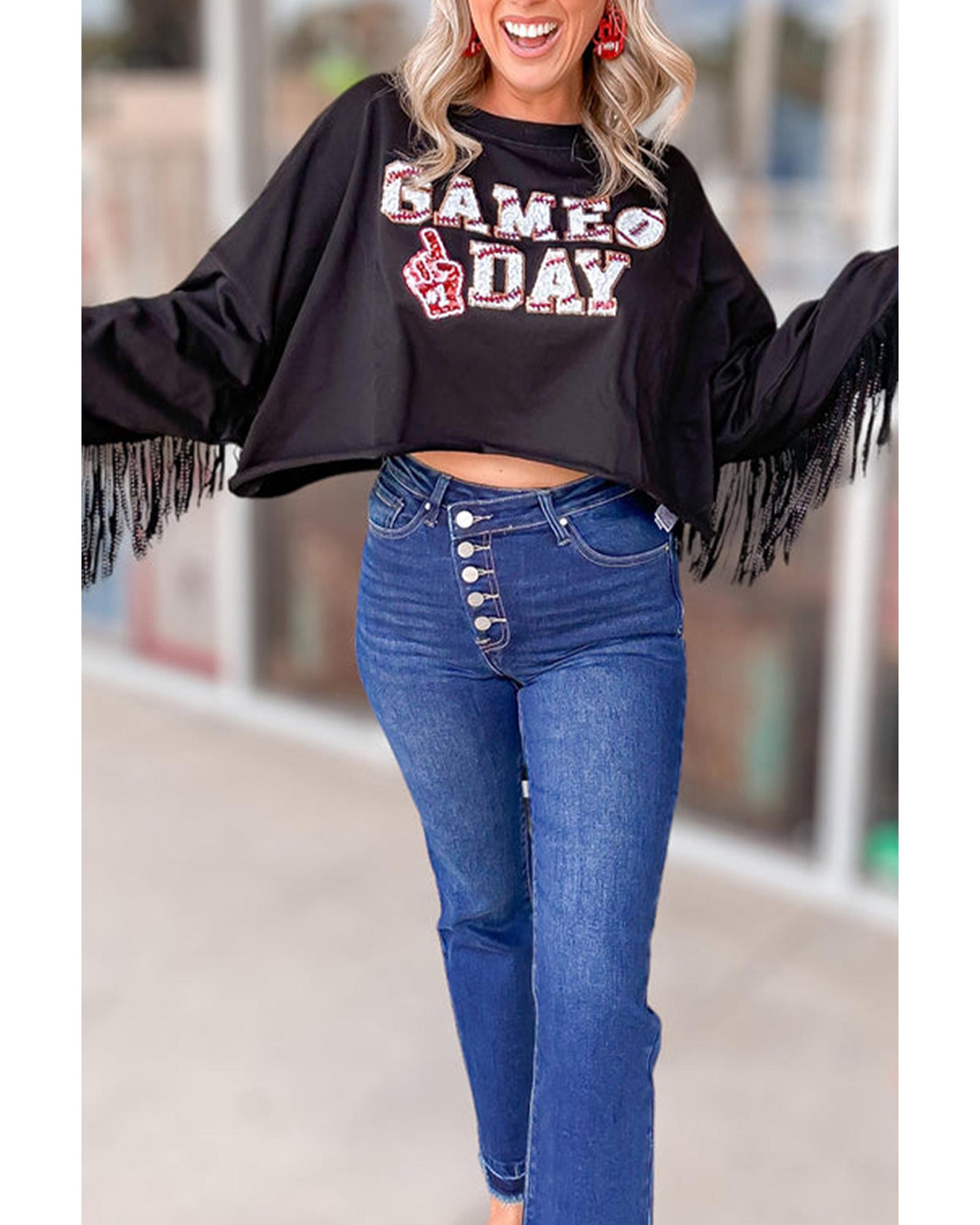 Black GAME DAY Rugby Sequined Tasseled Cropped Sweatshirt - XL 6