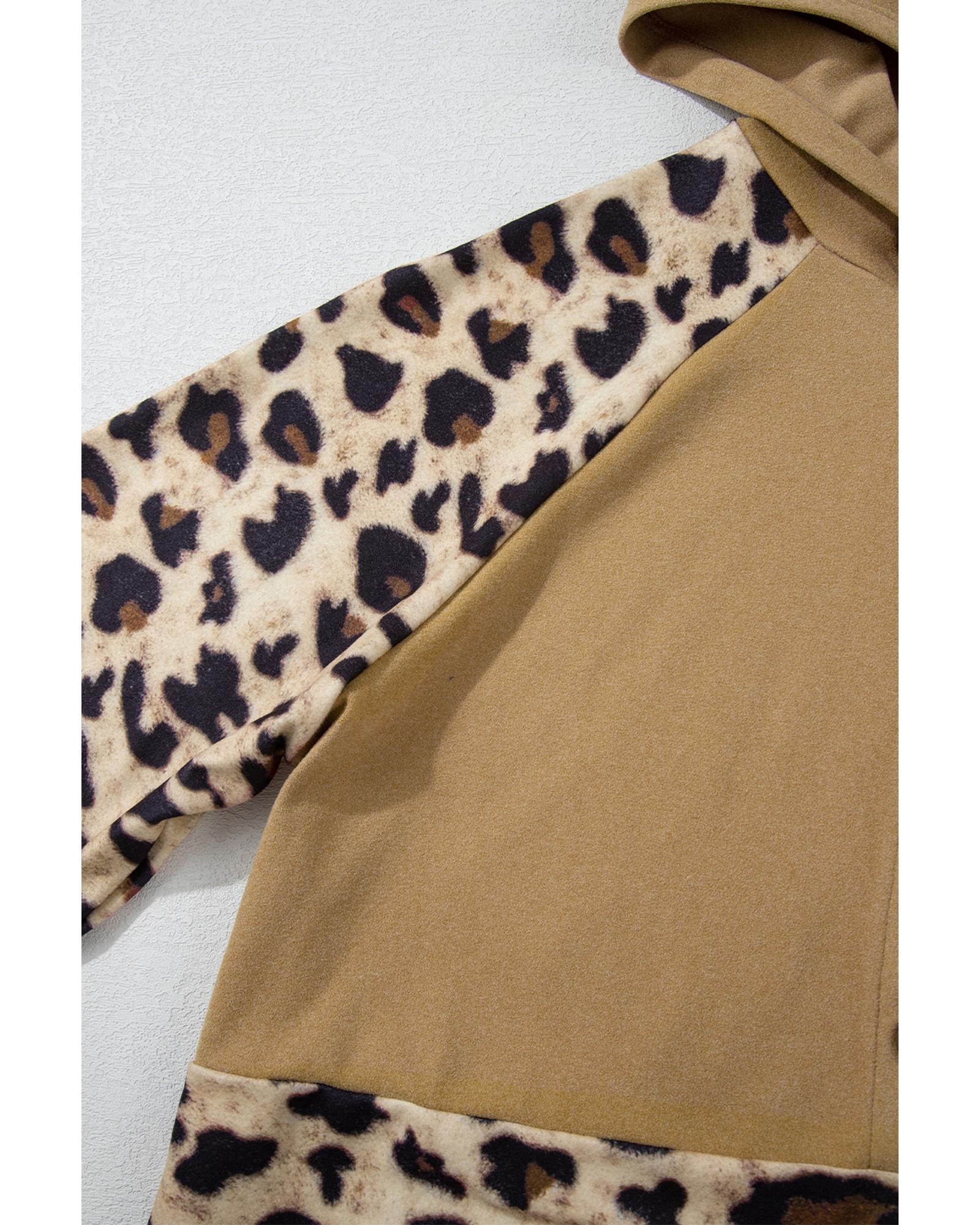 Light French Beige Leopard Print Patchwork Raglan Sleeve Half Buttons Hoodie - L 4