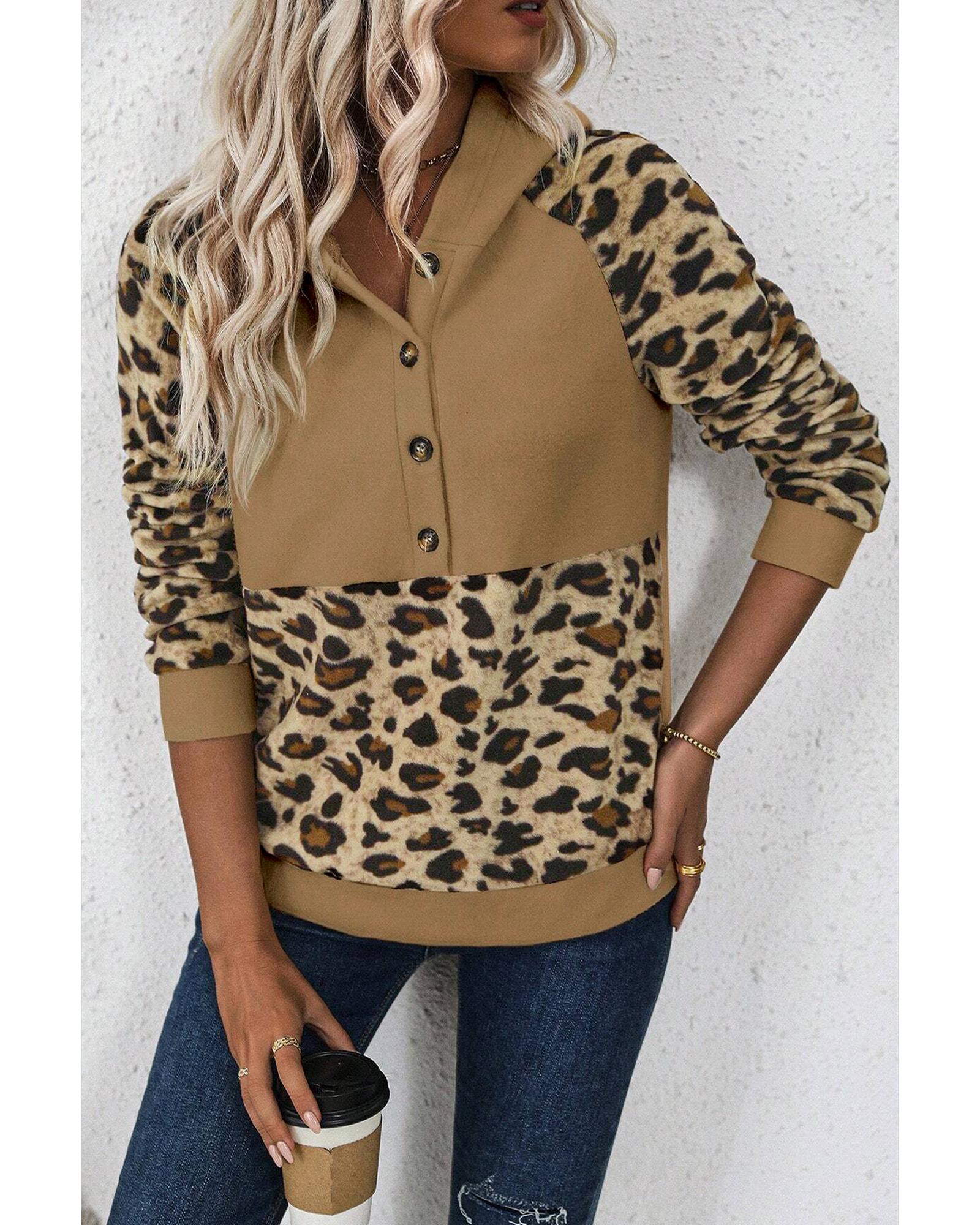 Light French Beige Leopard Print Patchwork Raglan Sleeve Half Buttons Hoodie - L 5