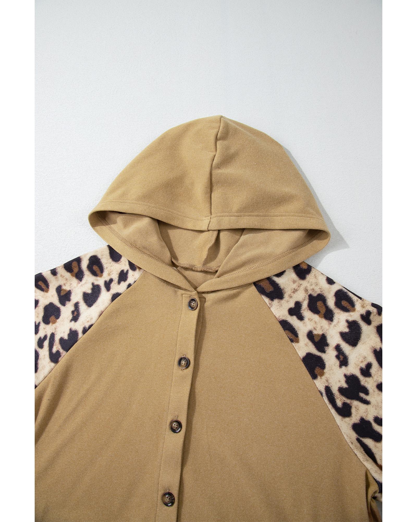 Light French Beige Leopard Print Patchwork Raglan Sleeve Half Buttons Hoodie - L 8