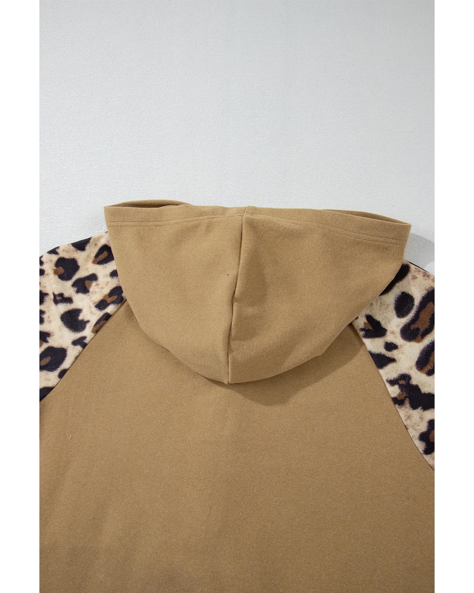 Light French Beige Leopard Print Patchwork Raglan Sleeve Half Buttons Hoodie - S 3