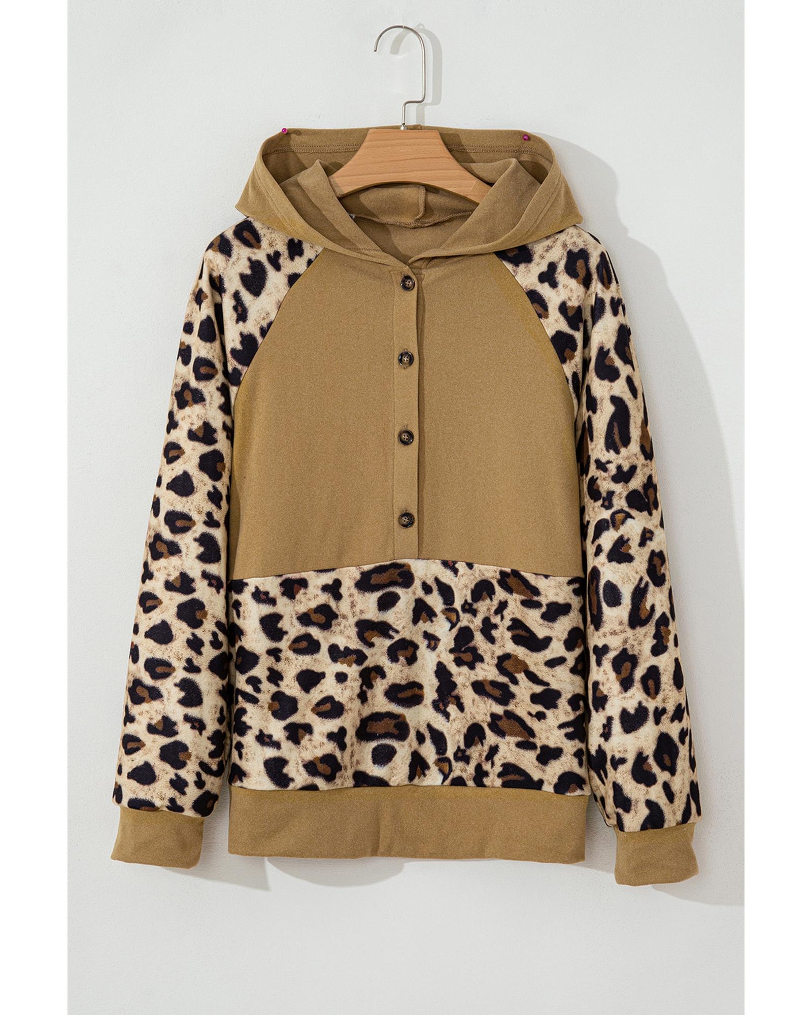 Light French Beige Leopard Print Patchwork Raglan Sleeve Half Buttons Hoodie - S 6