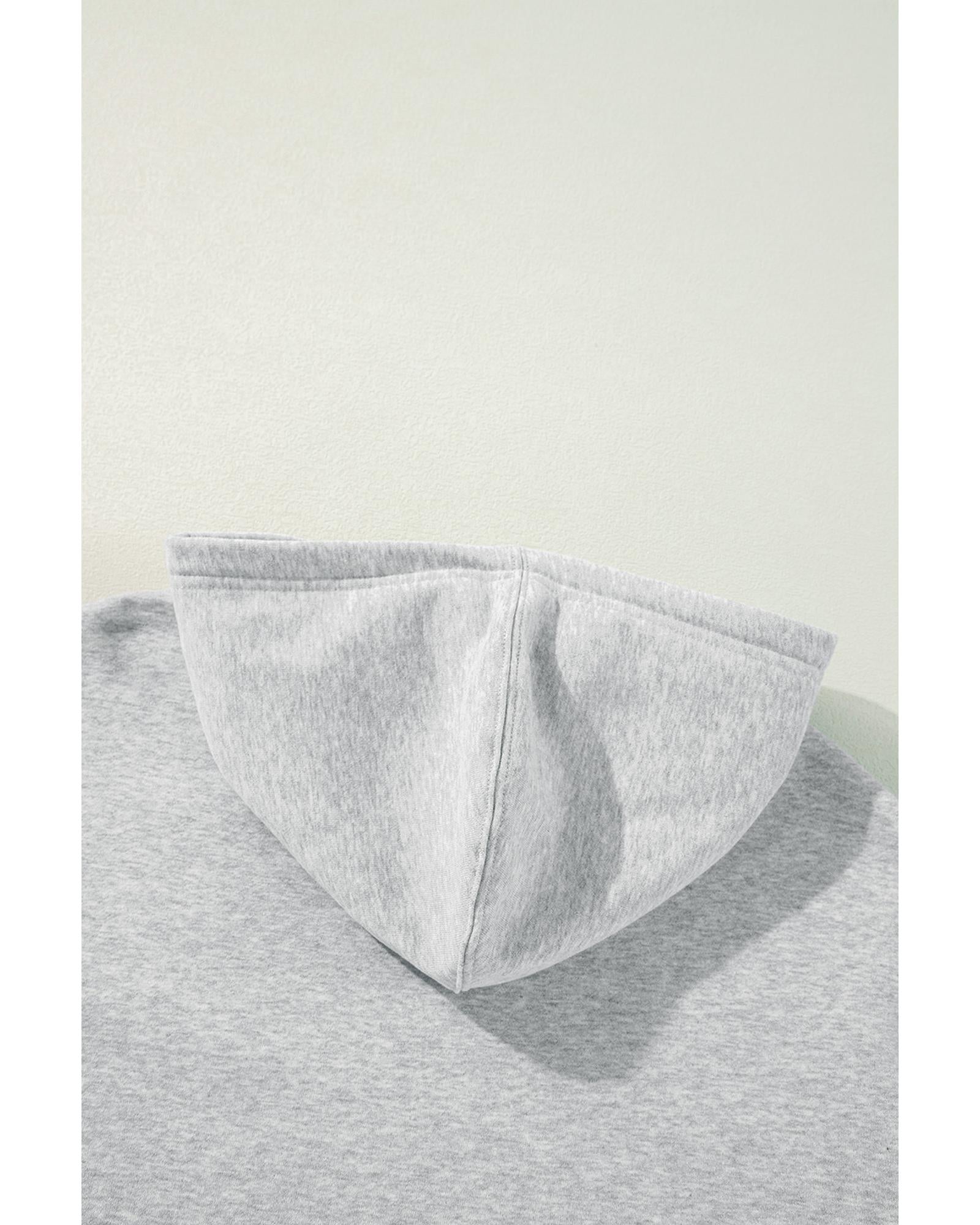 Light Grey Solid Color Fleece Lined Drawstring Hoodie with Pocket - L 3