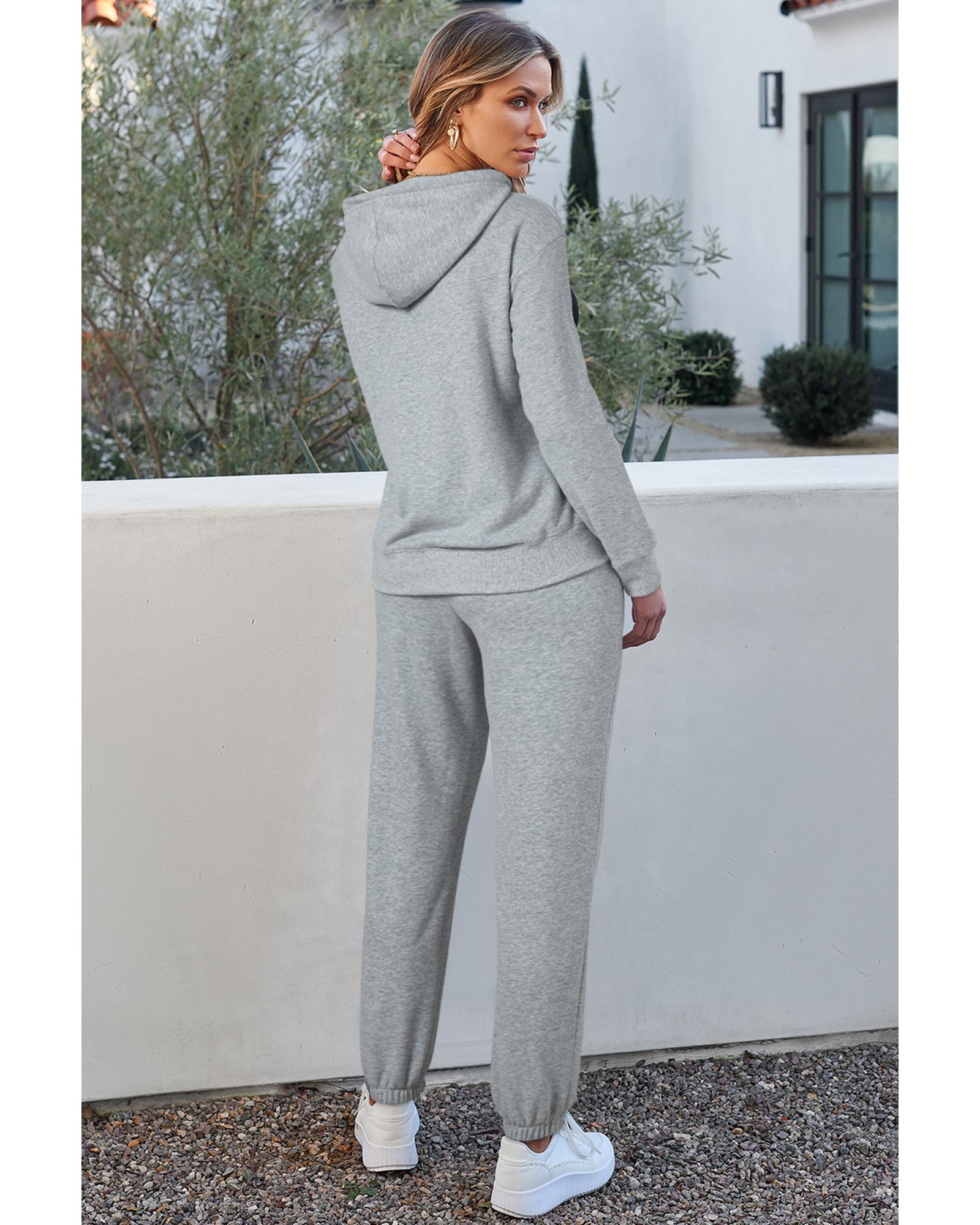 Light Grey Solid Color Fleece Lined Drawstring Hoodie with Pocket - L 5