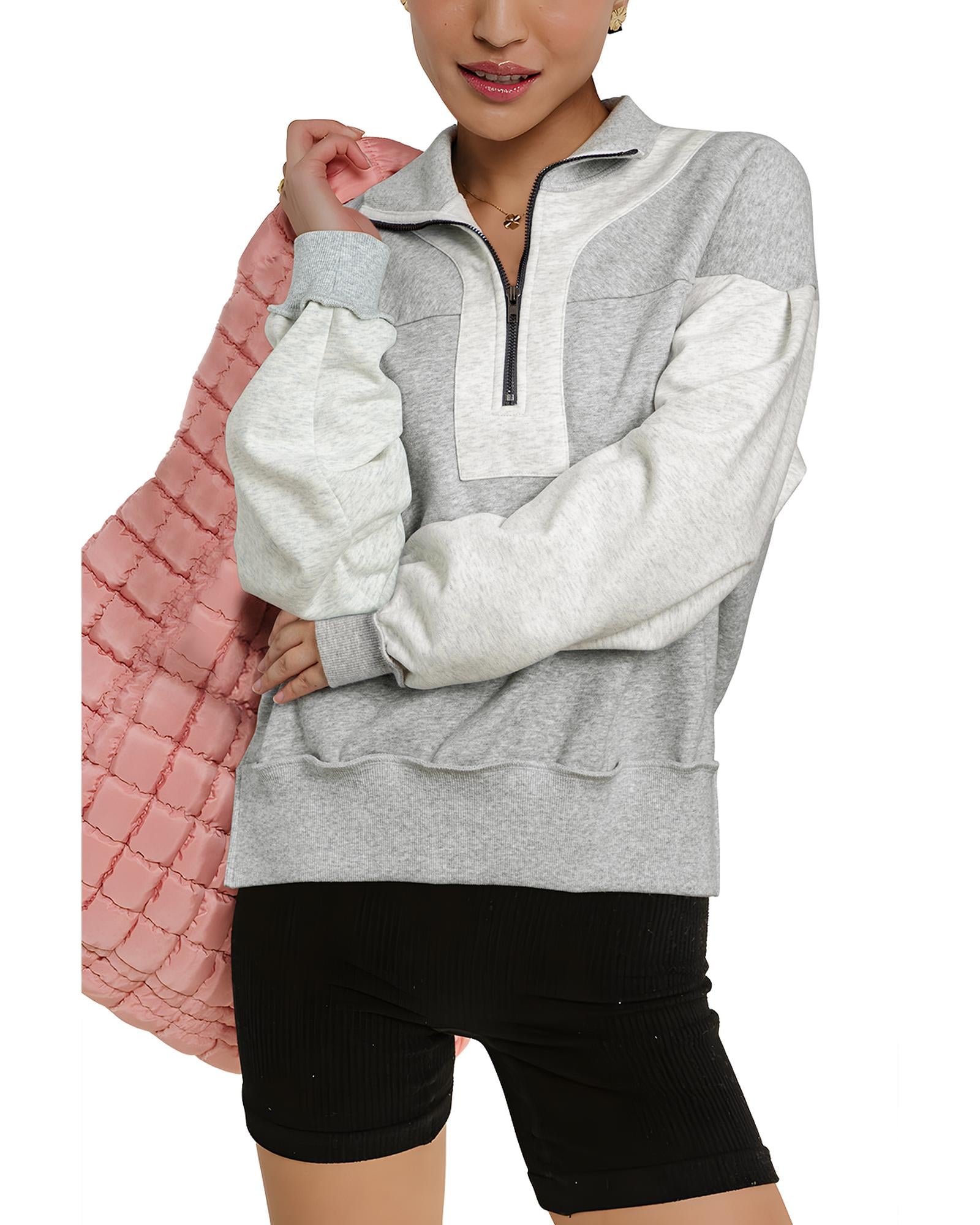 Gray Half Zipper Collared Drop Shoulder Side Slits Sweatshirt - XL 5