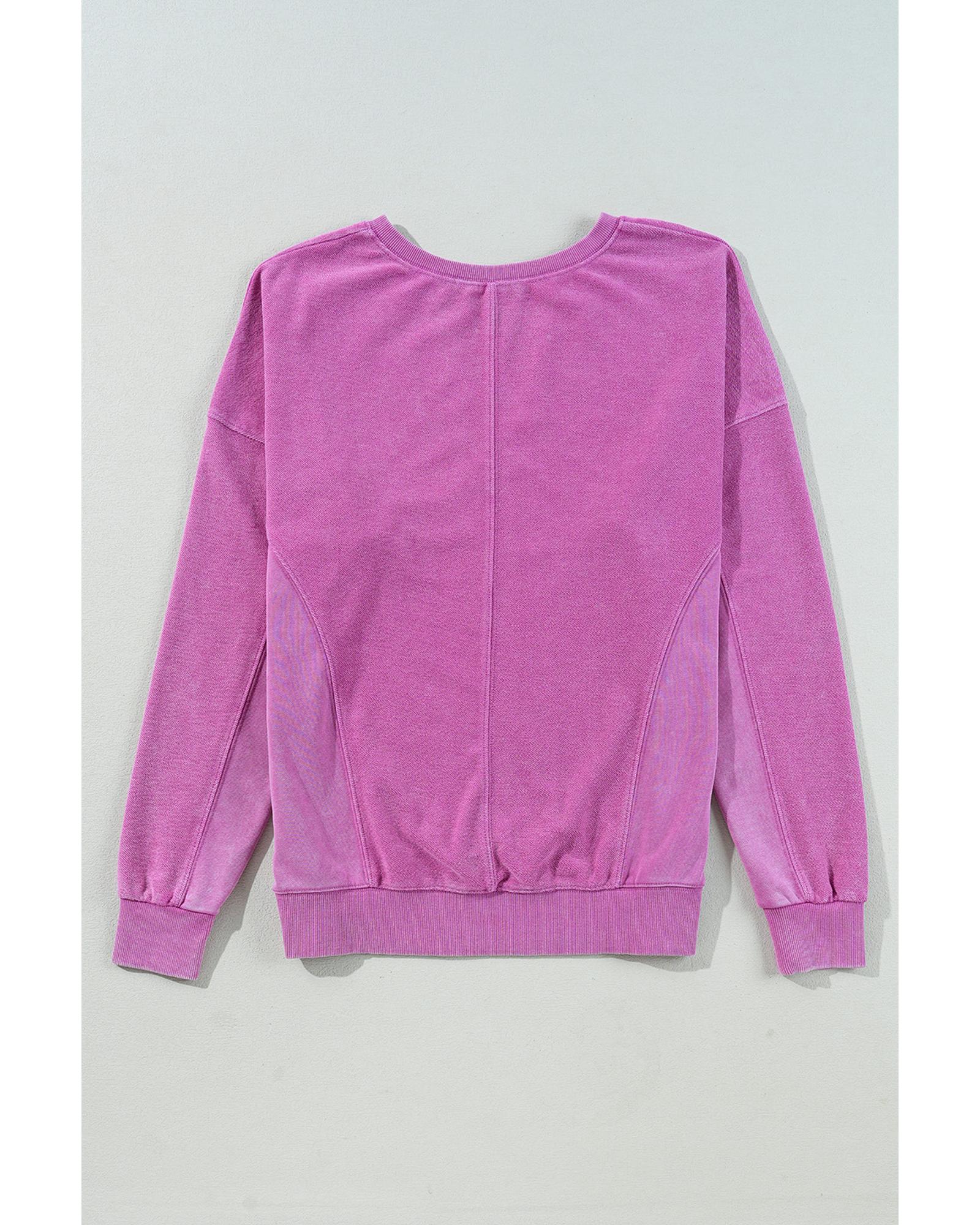Bright Pink Solid Color Notched Neck Drop Shoulder Sweatshirt - L 7