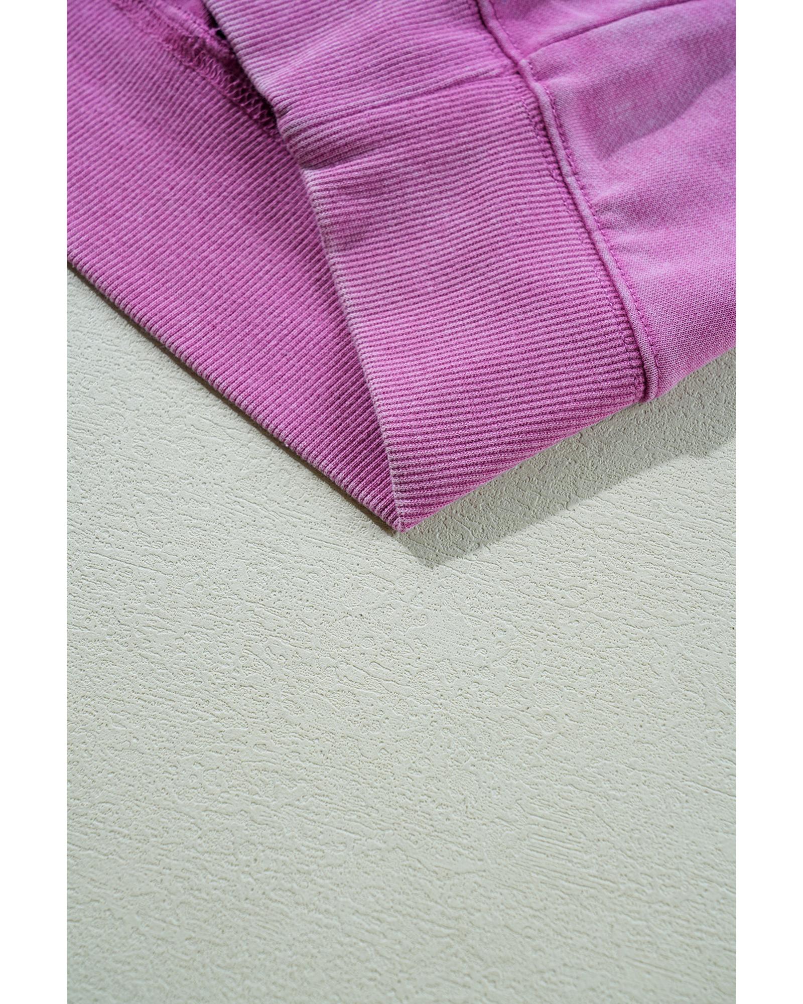 Bright Pink Solid Color Notched Neck Drop Shoulder Sweatshirt - M 4