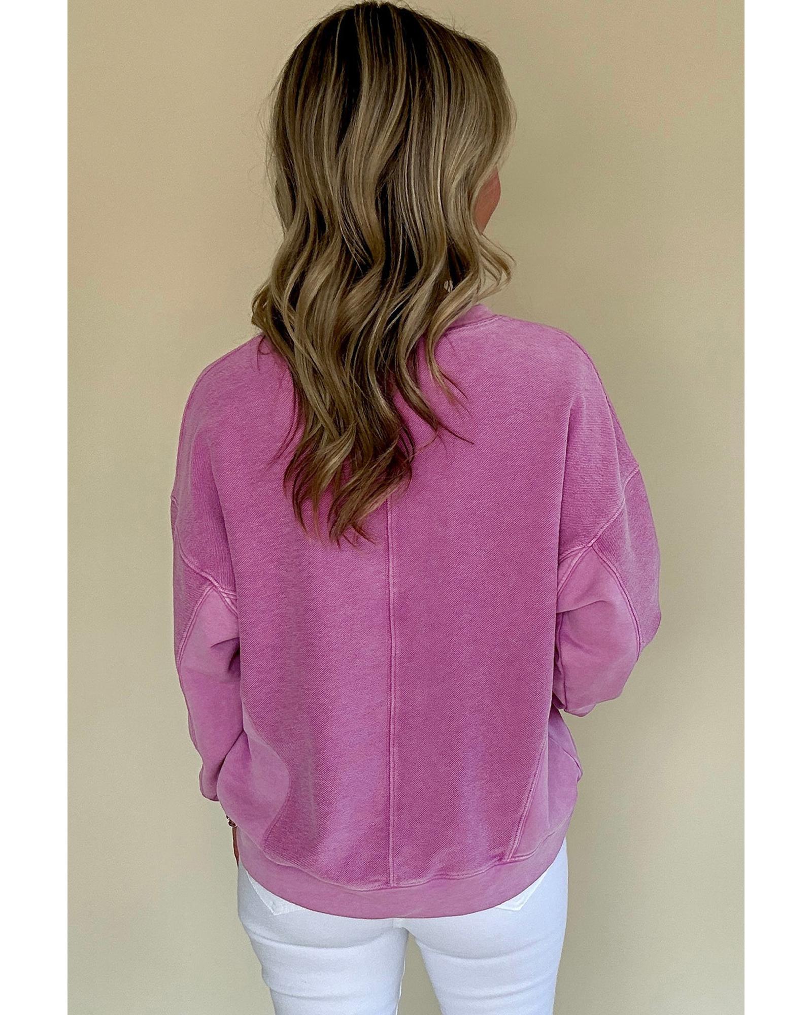 Bright Pink Solid Color Notched Neck Drop Shoulder Sweatshirt - M 7