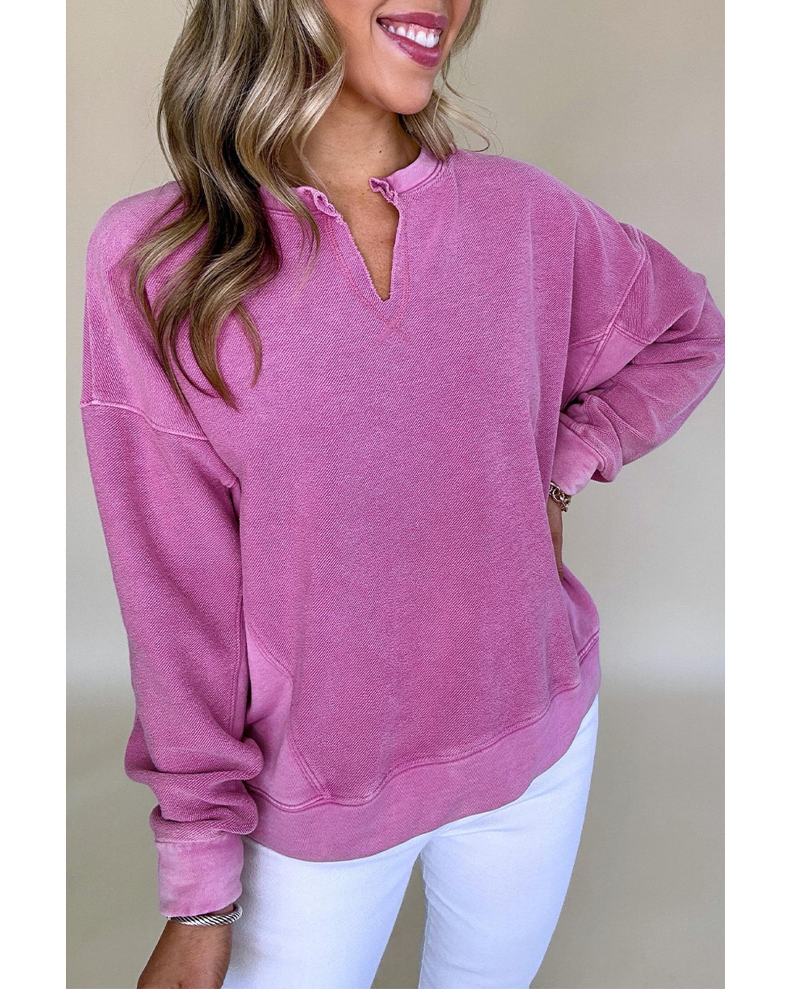 Bright Pink Solid Color Notched Neck Drop Shoulder Sweatshirt - XL 5