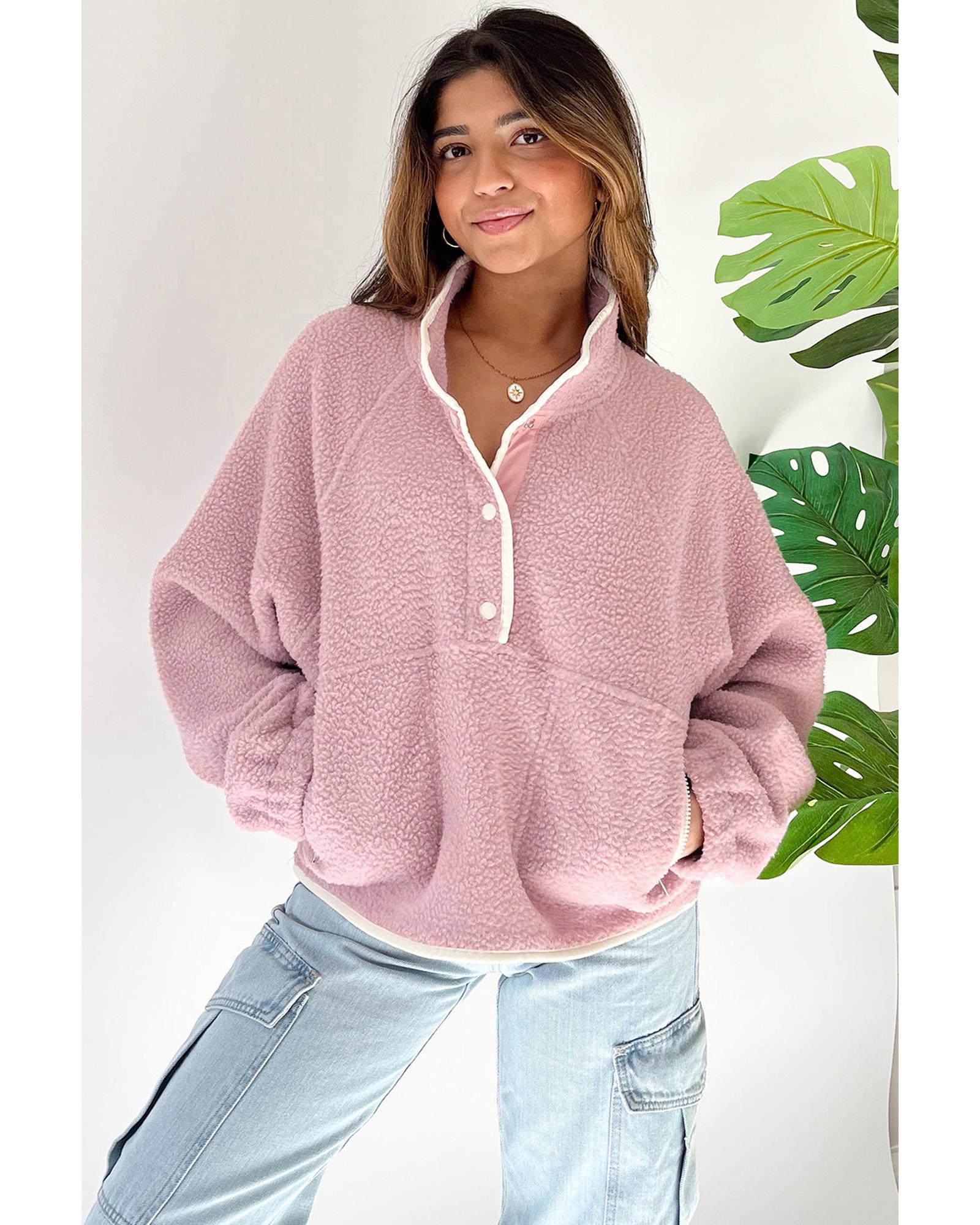 Fushia Stand Neck Half Button Zip Pocket Plush Sweatshirt - L