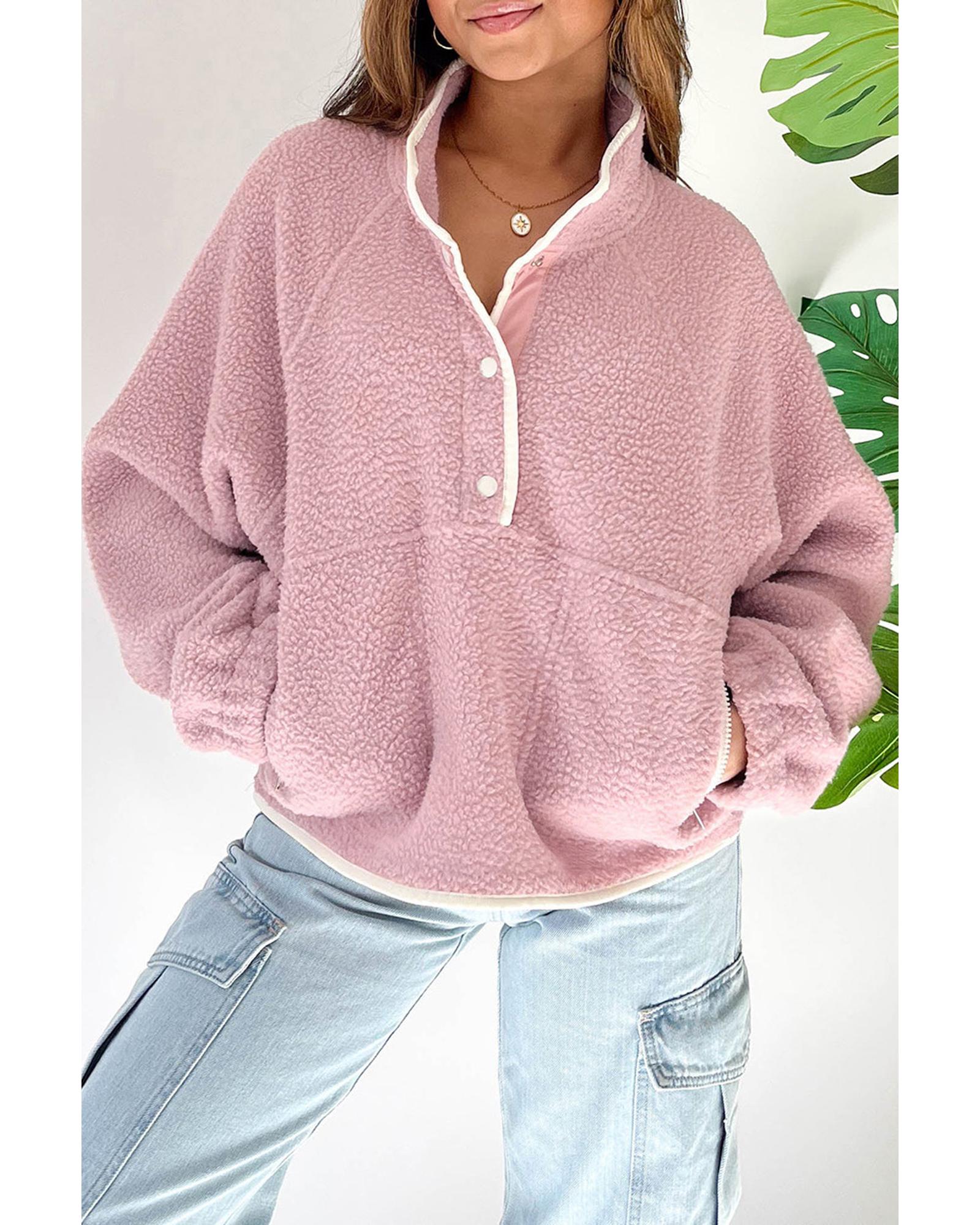 Fushia Stand Neck Half Button Zip Pocket Plush Sweatshirt - L 3