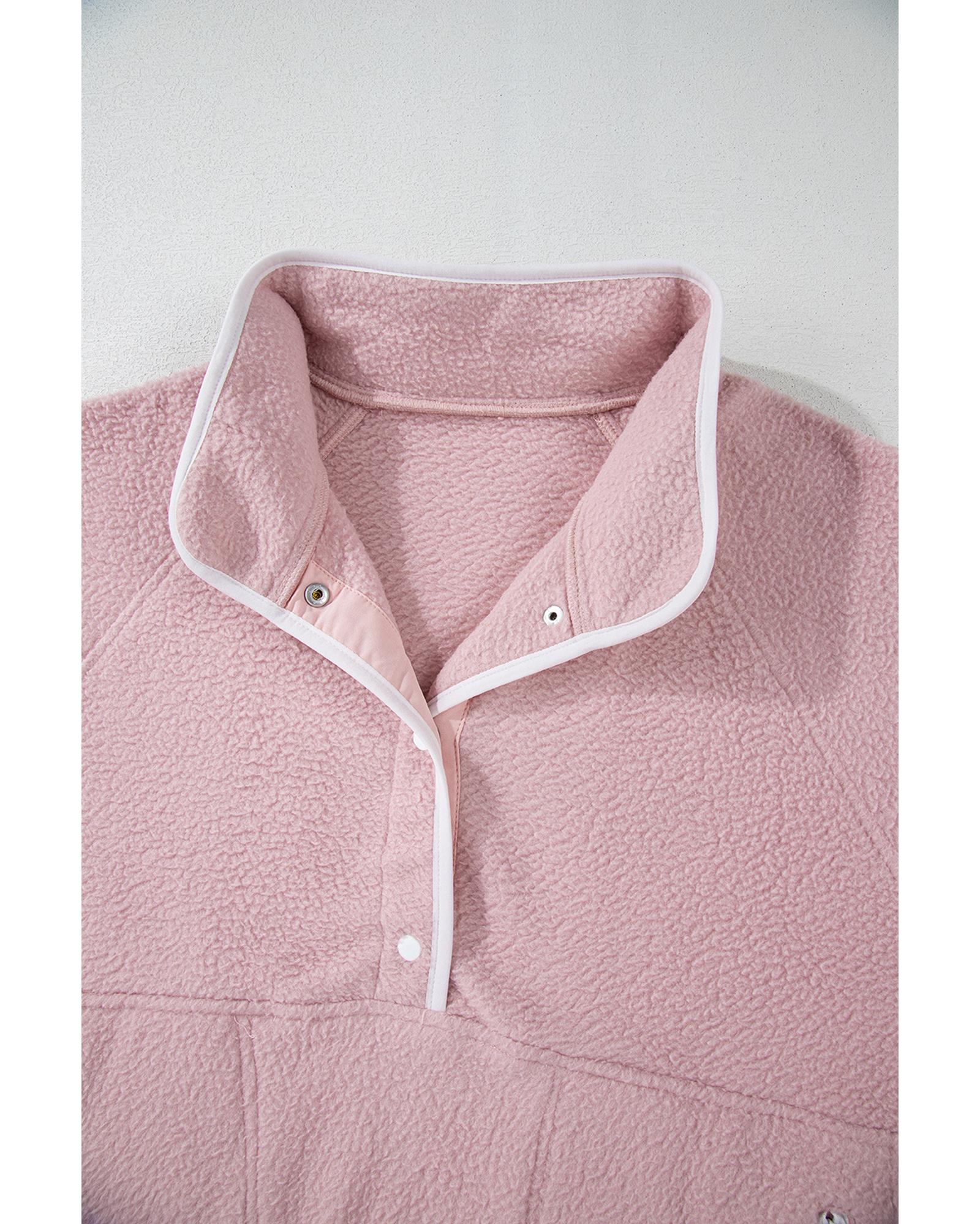 Fushia Stand Neck Half Button Zip Pocket Plush Sweatshirt - L 4