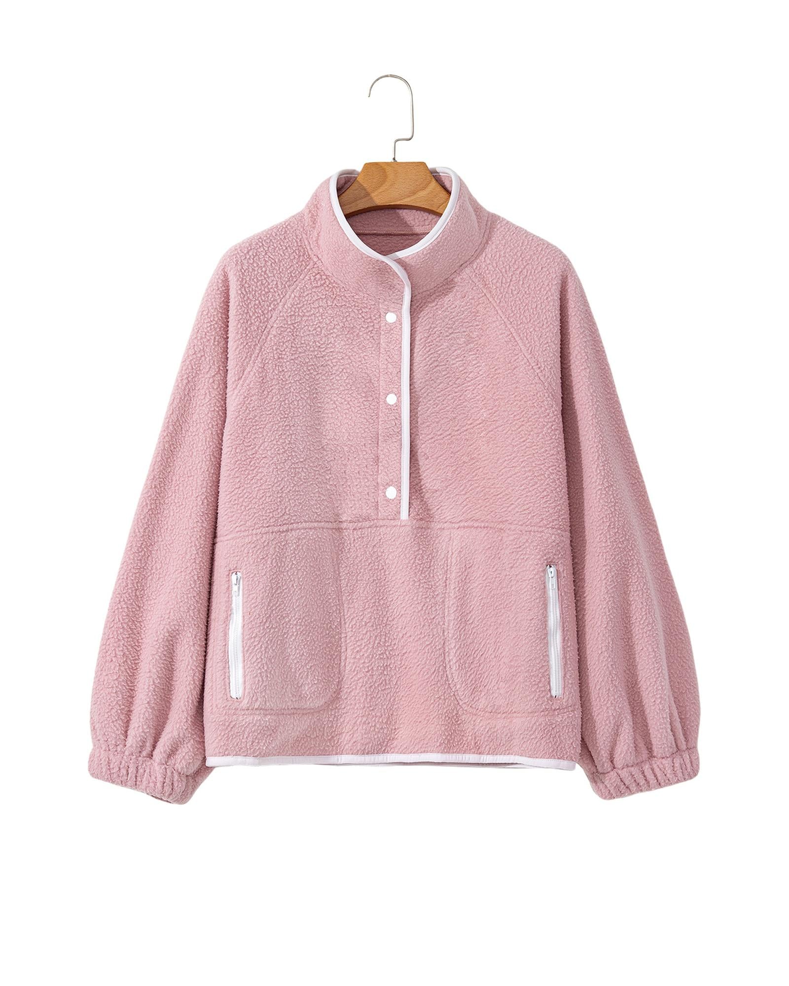 Fushia Stand Neck Half Button Zip Pocket Plush Sweatshirt - L 5