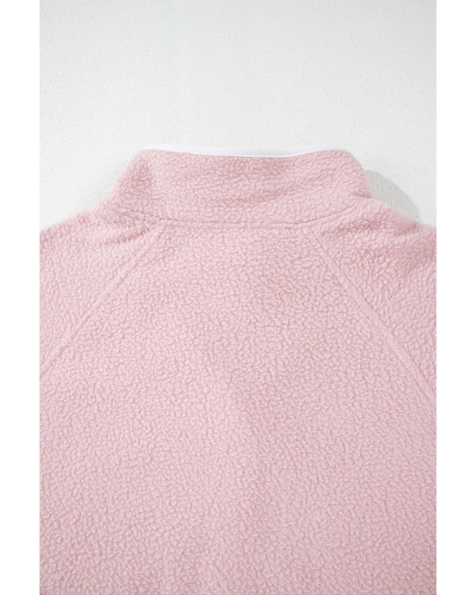 Fushia Stand Neck Half Button Zip Pocket Plush Sweatshirt - L 6