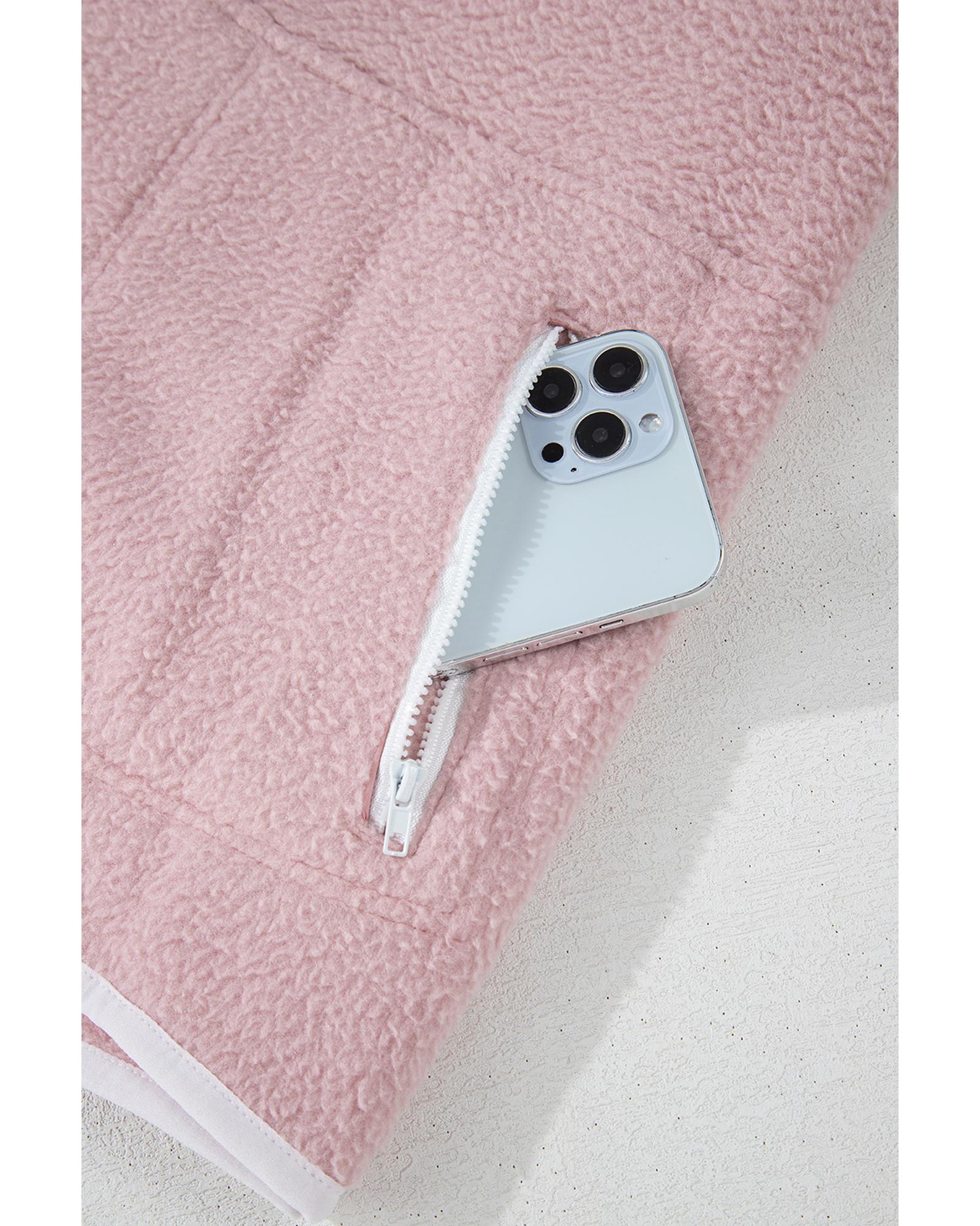 Fushia Stand Neck Half Button Zip Pocket Plush Sweatshirt - L 8