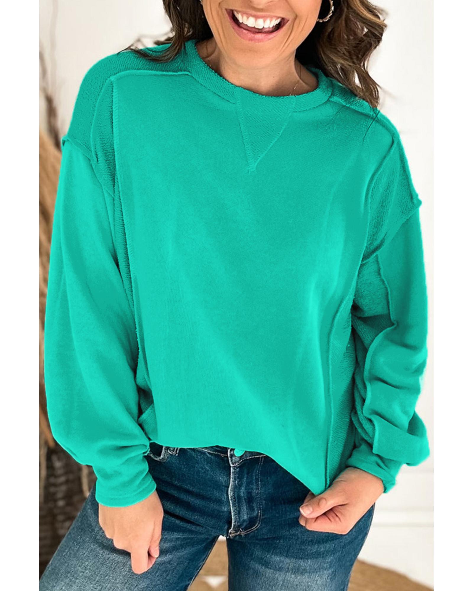 Mint Green Splicing Round Neck Pullover Sweatshirt - XL
