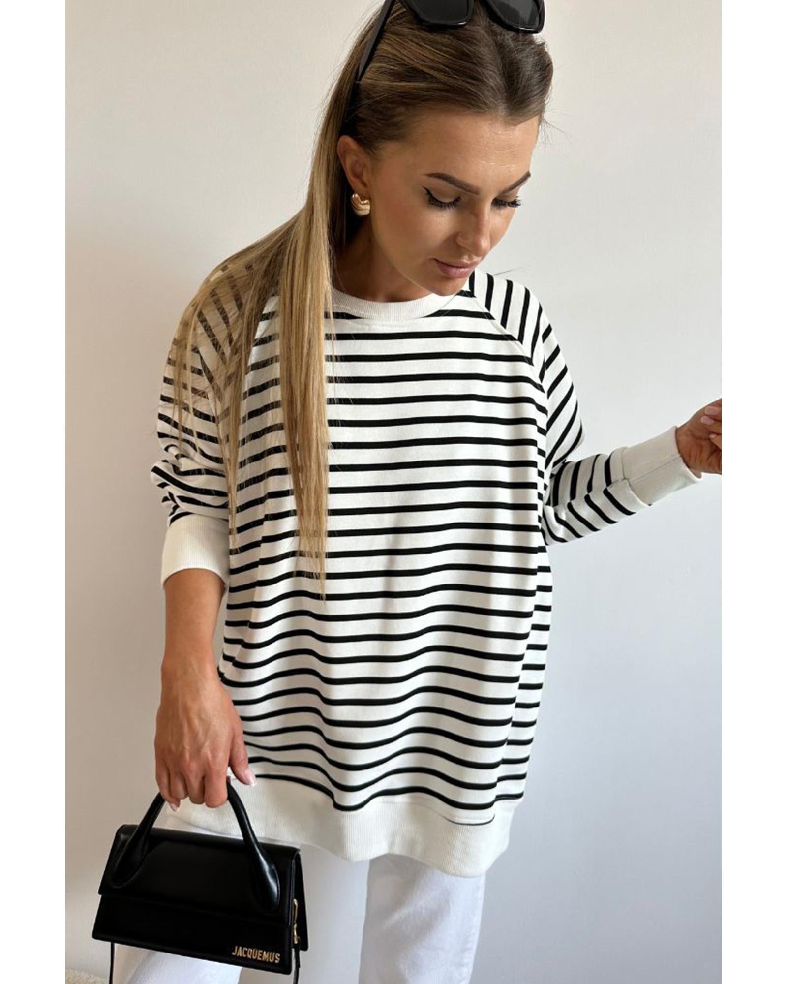 Black Stripe Raglan Sleeve Side Slits Loose Sweatshirt - L 4