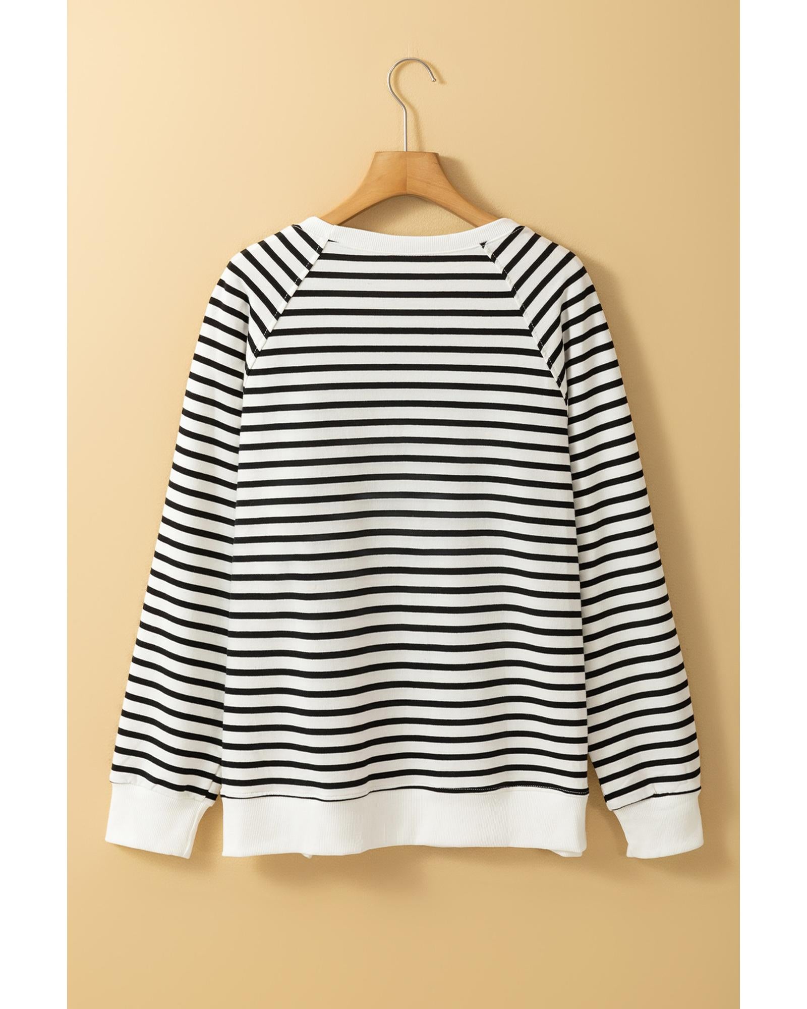Black Stripe Raglan Sleeve Side Slits Loose Sweatshirt - XL